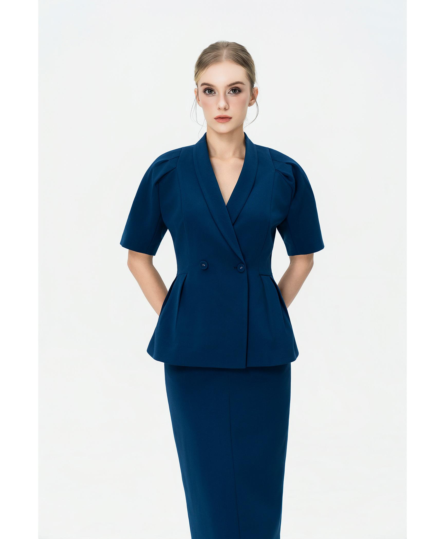 Bộ suit nữ chân váy xanh cobalt tay phồng nhẹ