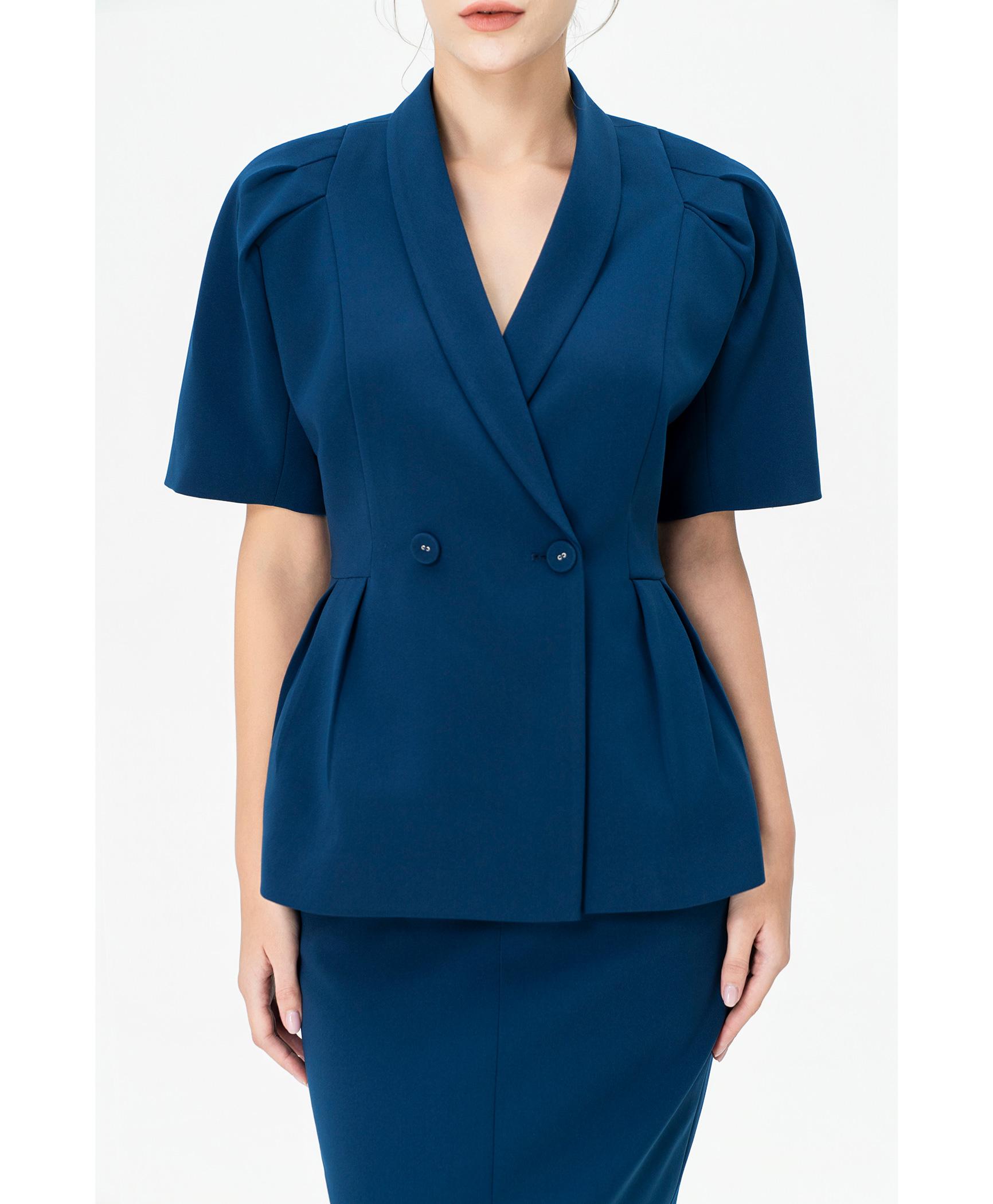 Bộ suit nữ chân váy xanh cobalt tay phồng nhẹ