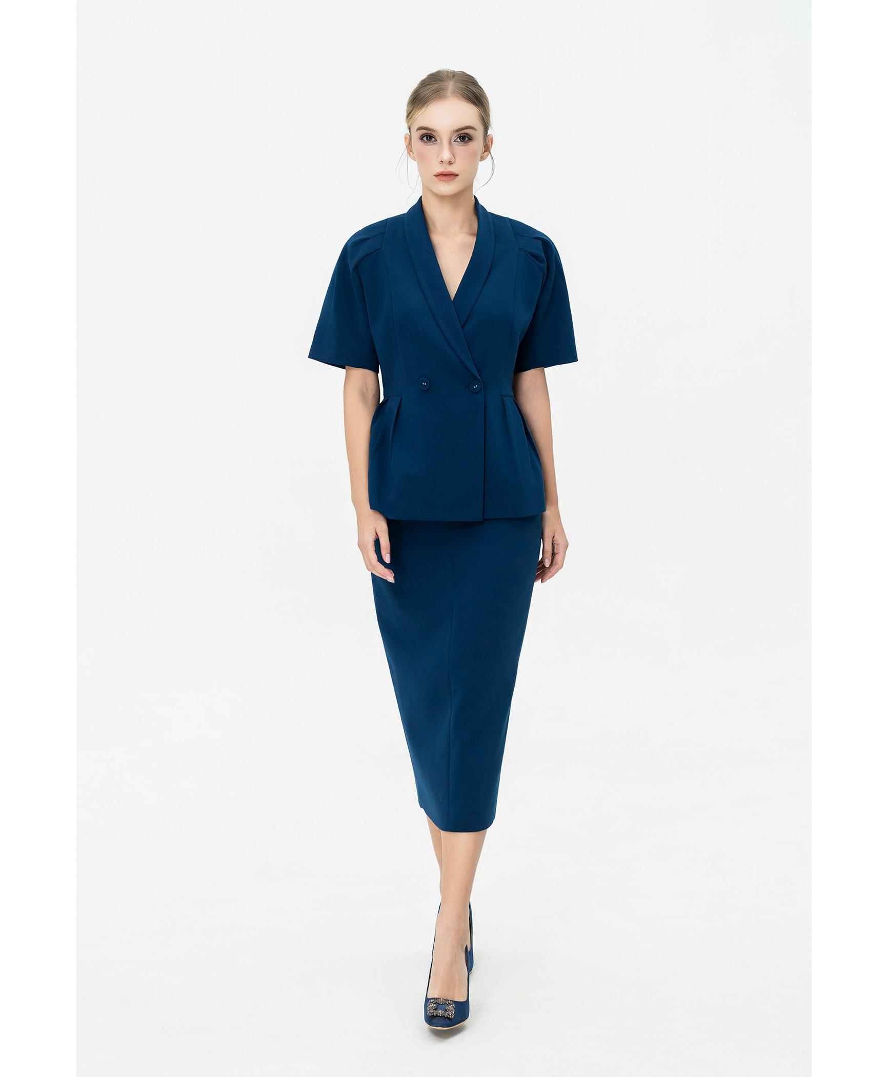 Bộ suit nữ chân váy xanh cobalt tay phồng nhẹ