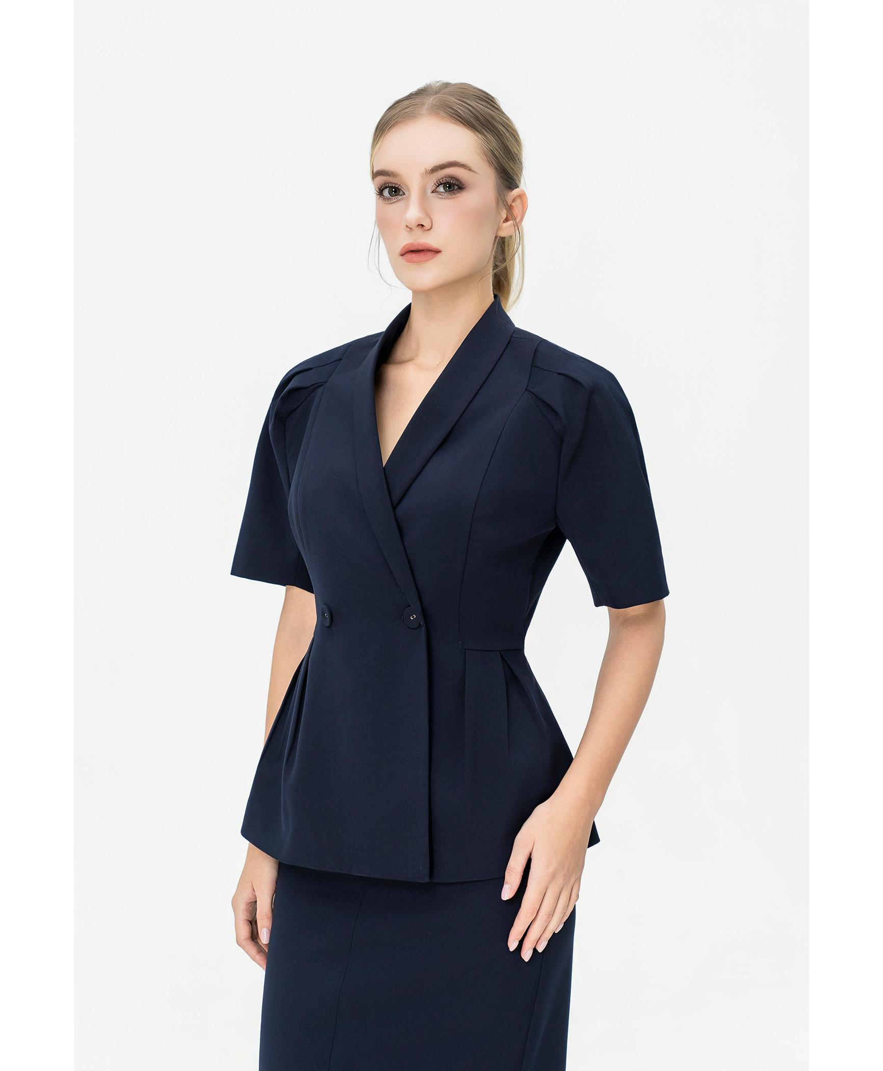 Bộ suit nữ chân váy xanh navy tay phồng nhẹ