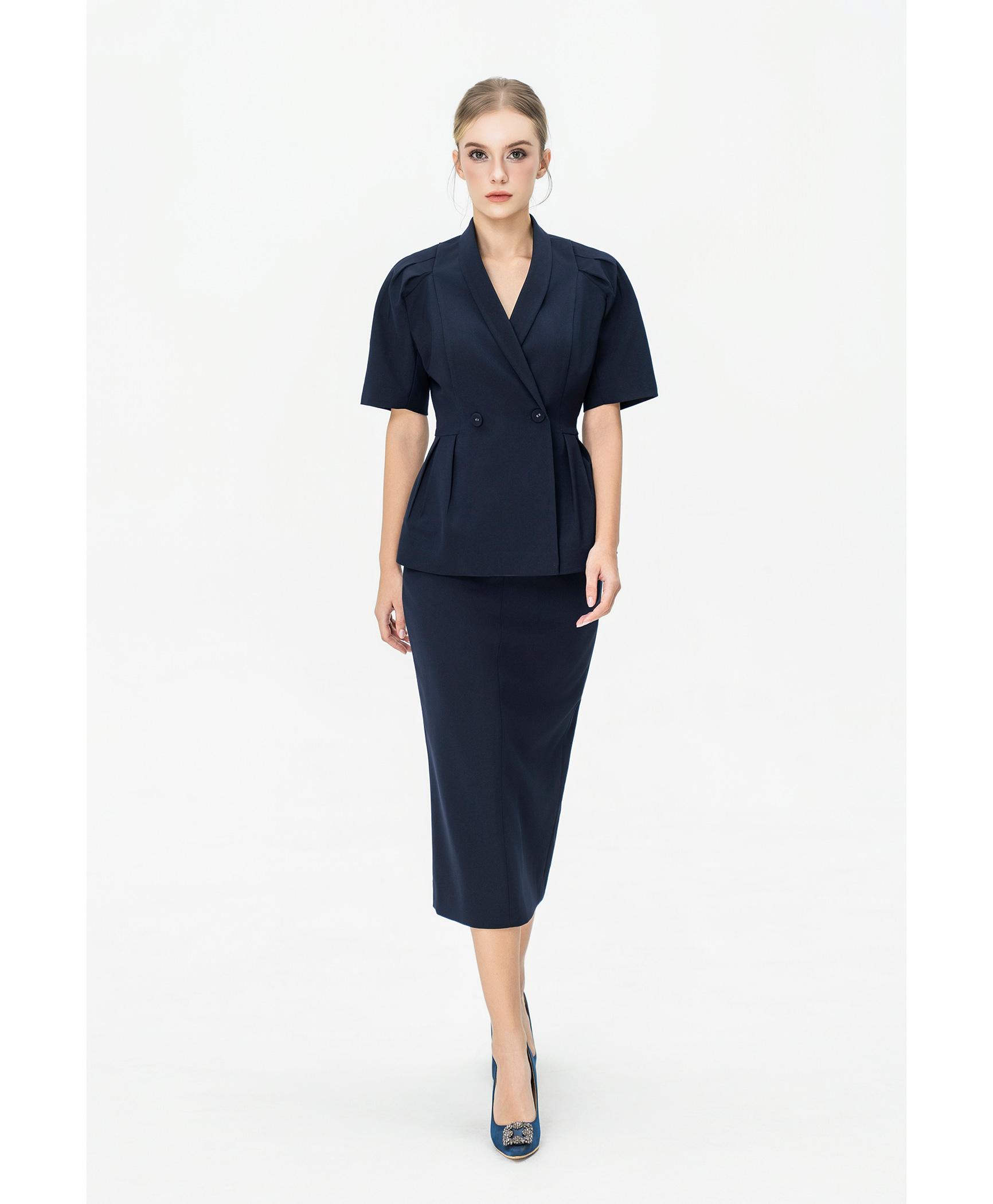 Bộ suit nữ chân váy xanh navy tay phồng nhẹ