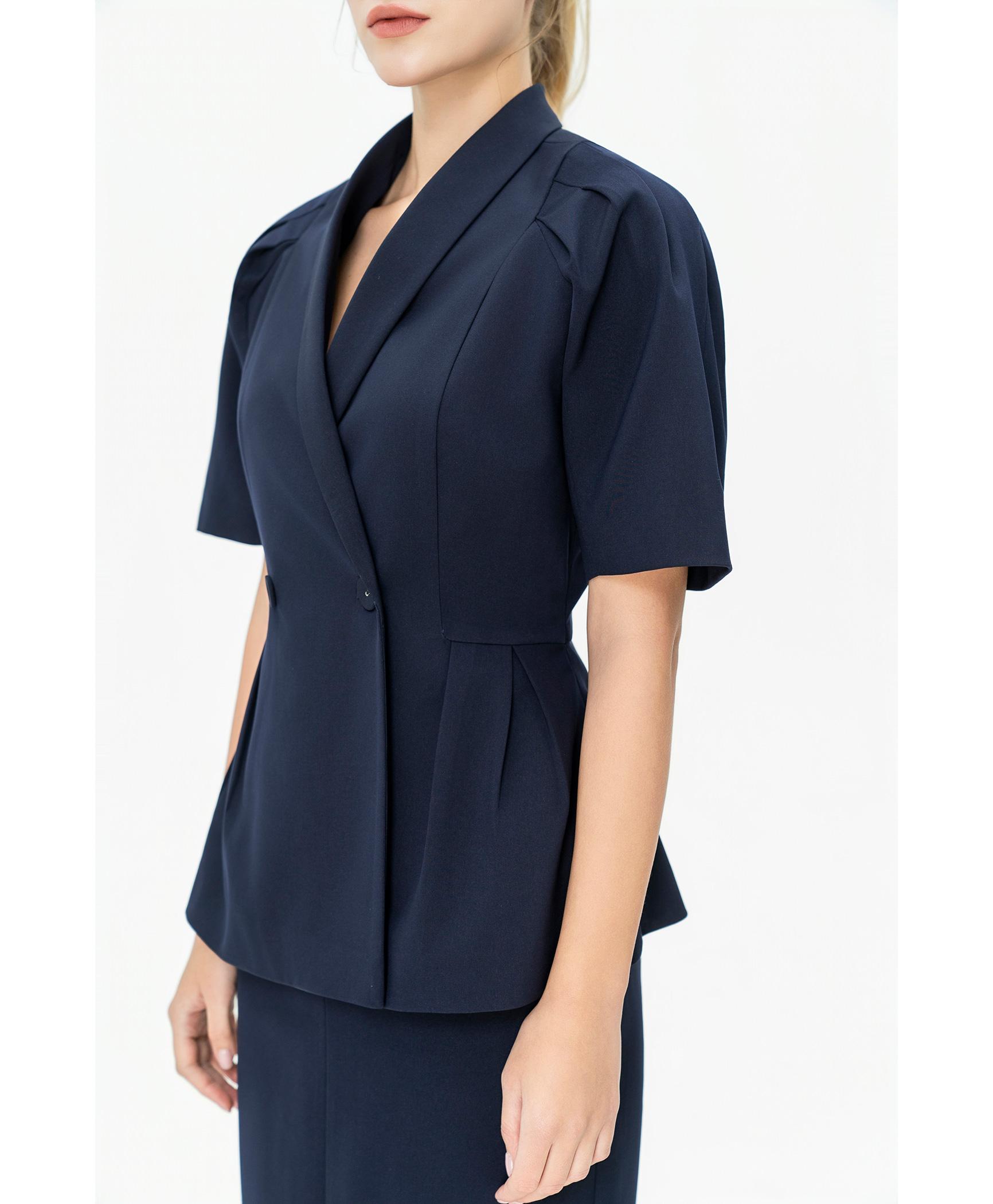 Bộ suit nữ chân váy xanh navy tay phồng nhẹ