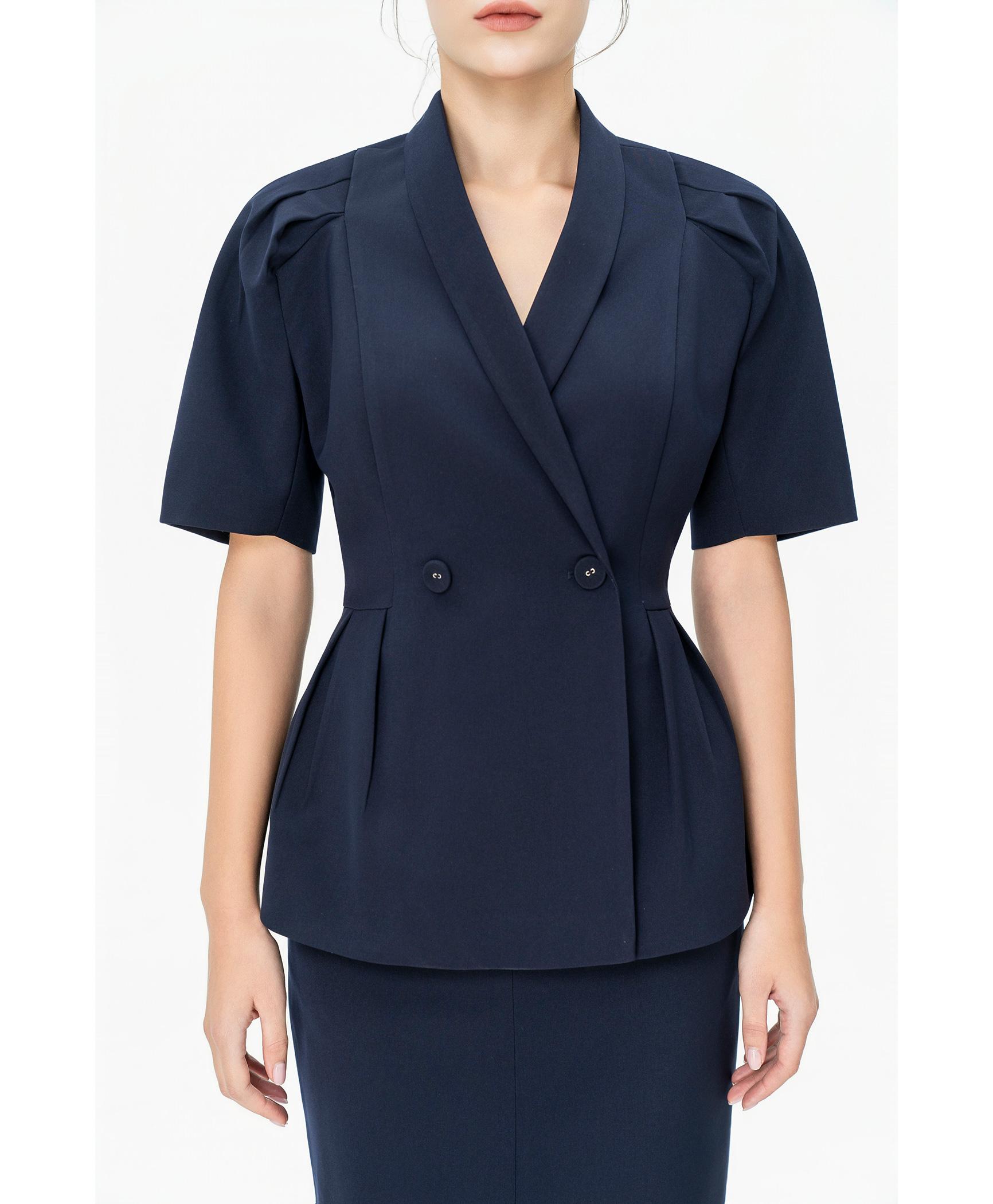 Bộ suit nữ chân váy xanh navy tay phồng nhẹ