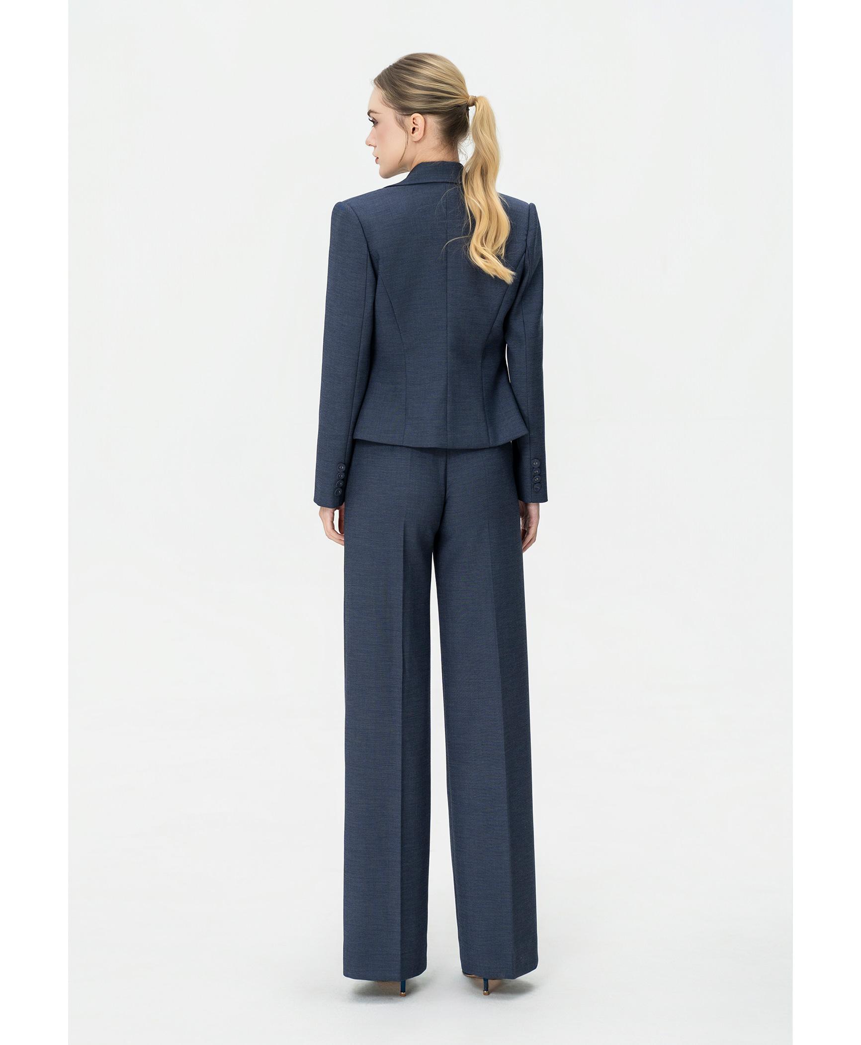 Bộ suit nữ quần ống rộng xanh xám blazer hai hàng khuy