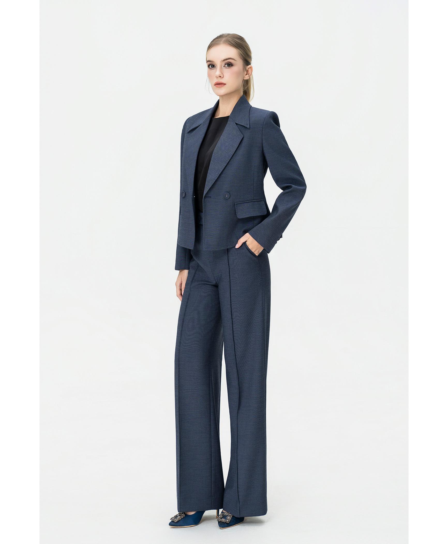 Bộ suit nữ quần ống rộng xanh xám blazer hai hàng khuy
