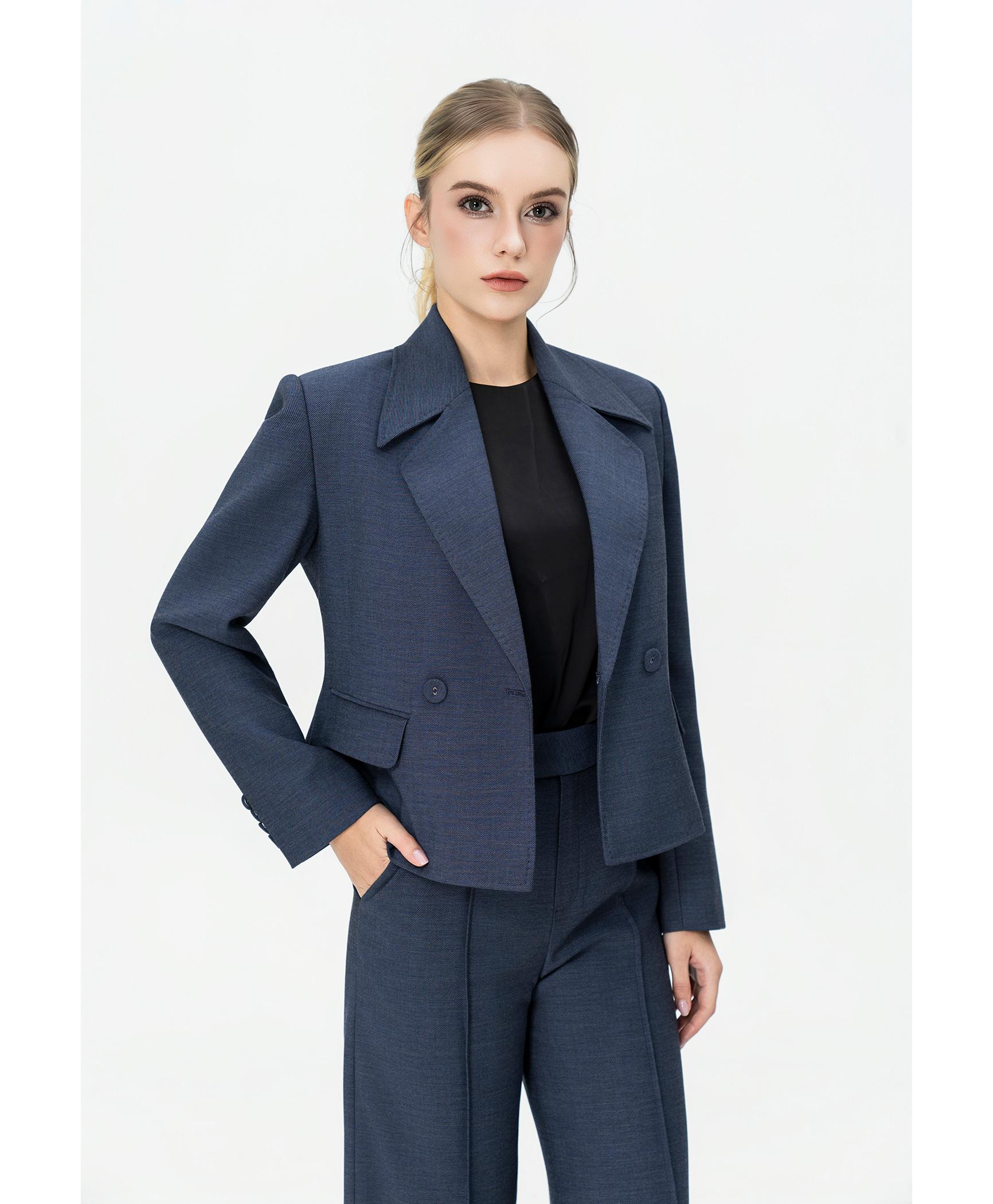 Bộ suit nữ quần ống rộng xanh xám blazer hai hàng khuy