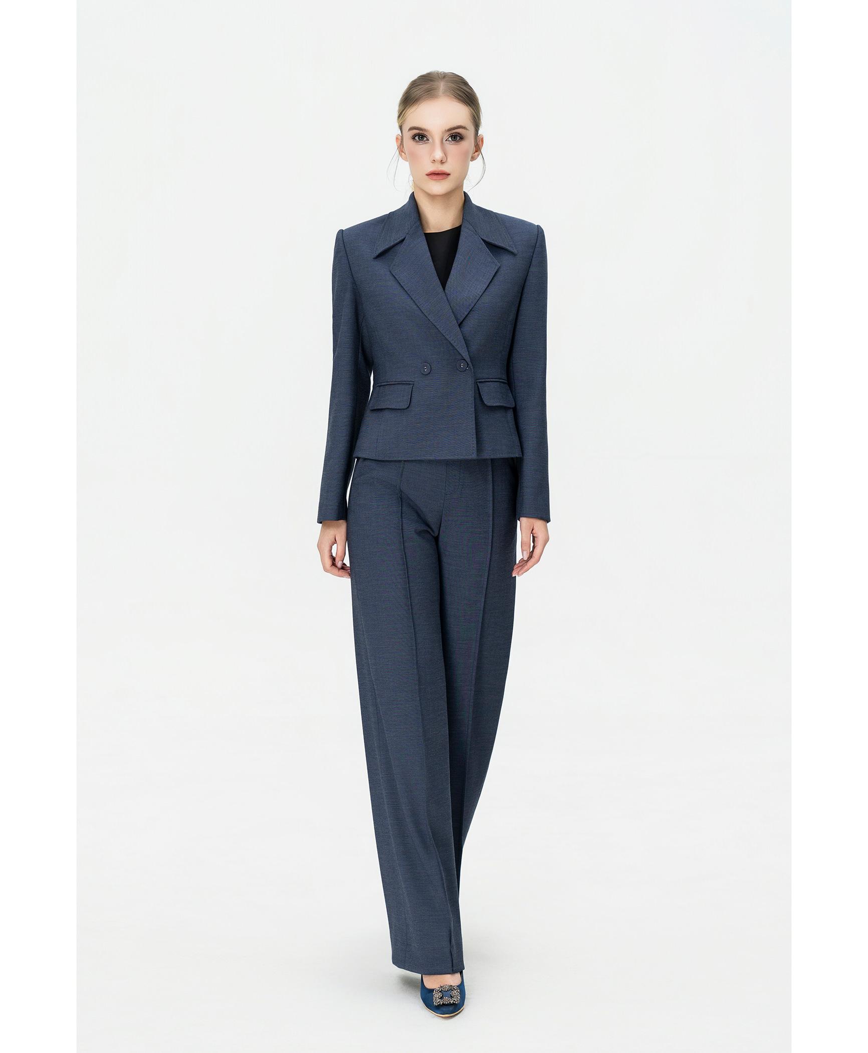 Bộ suit nữ quần ống rộng xanh xám blazer hai hàng khuy