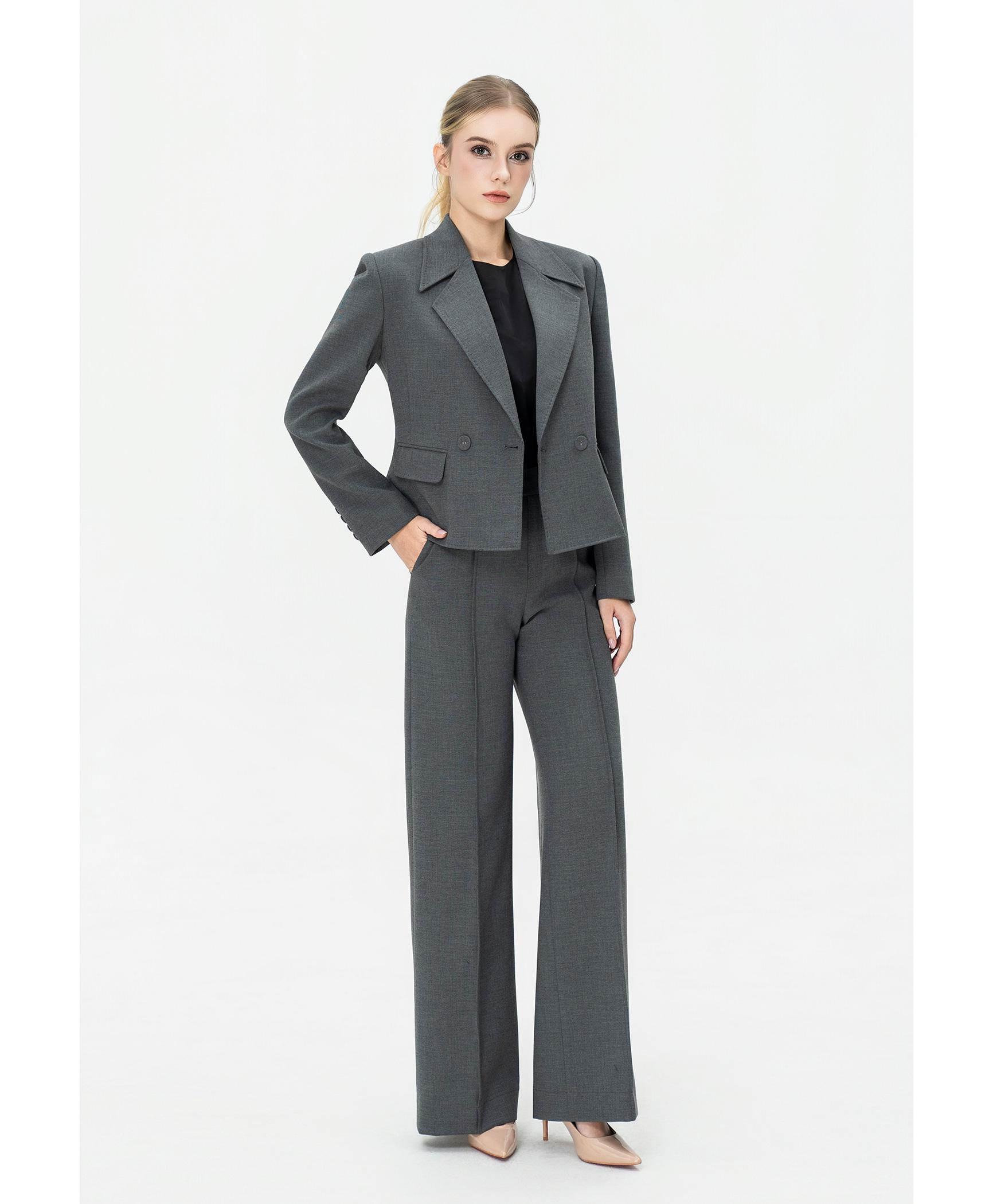 Bộ suit nữ quần ống rộng xám blazer hai hàng khuy