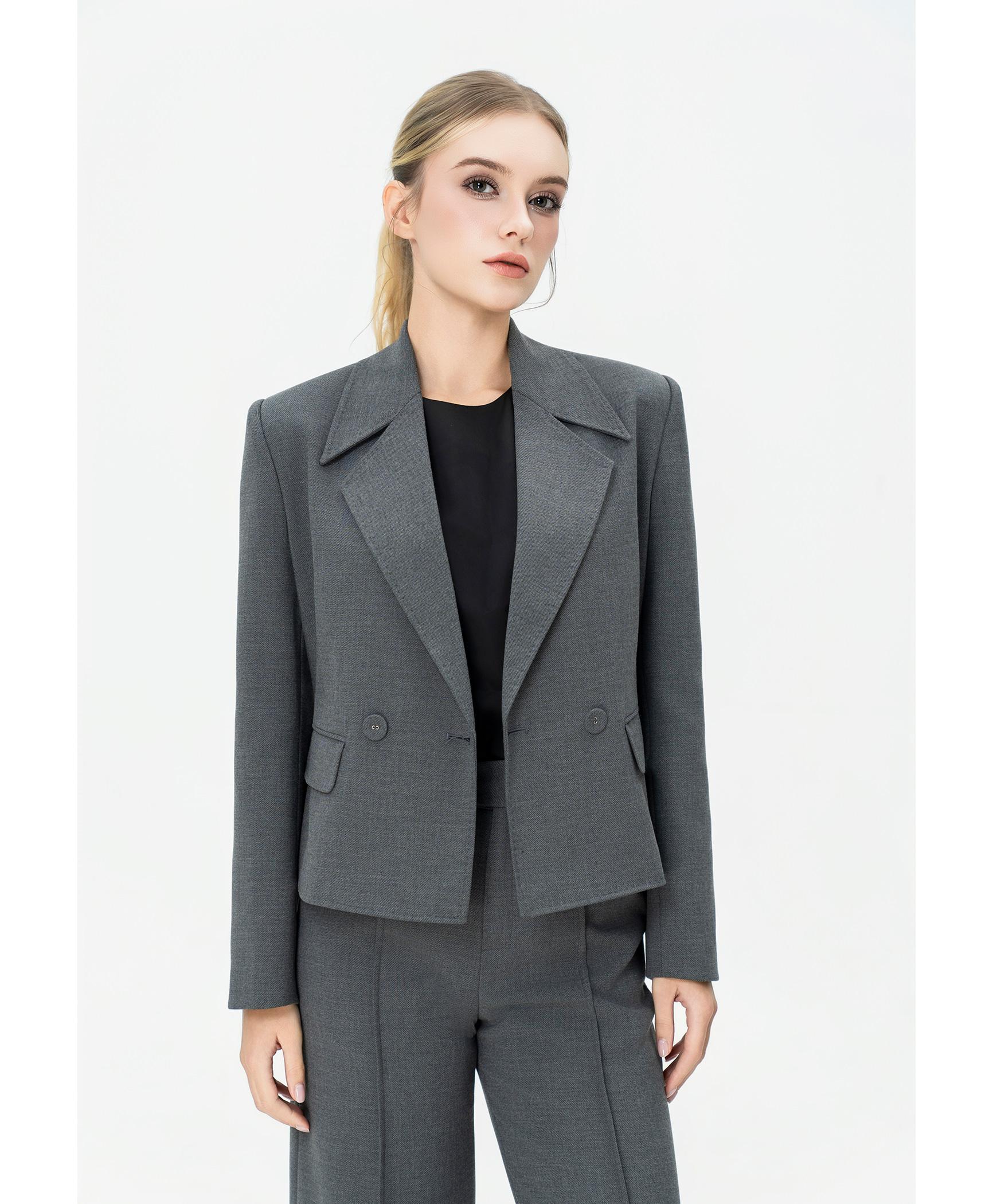 Bộ suit nữ quần ống rộng xám blazer hai hàng khuy