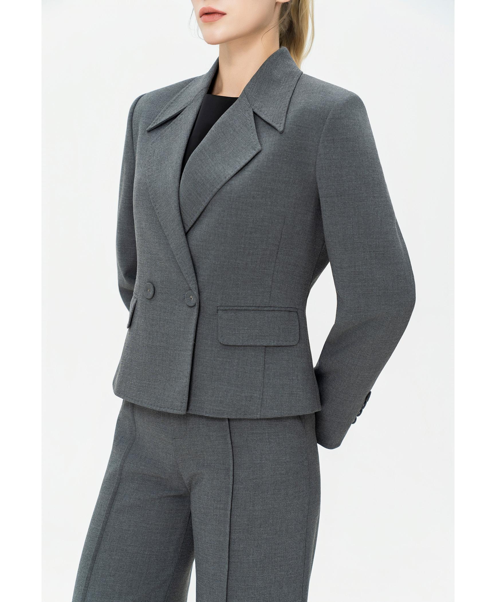 Bộ suit nữ quần ống rộng xám blazer hai hàng khuy