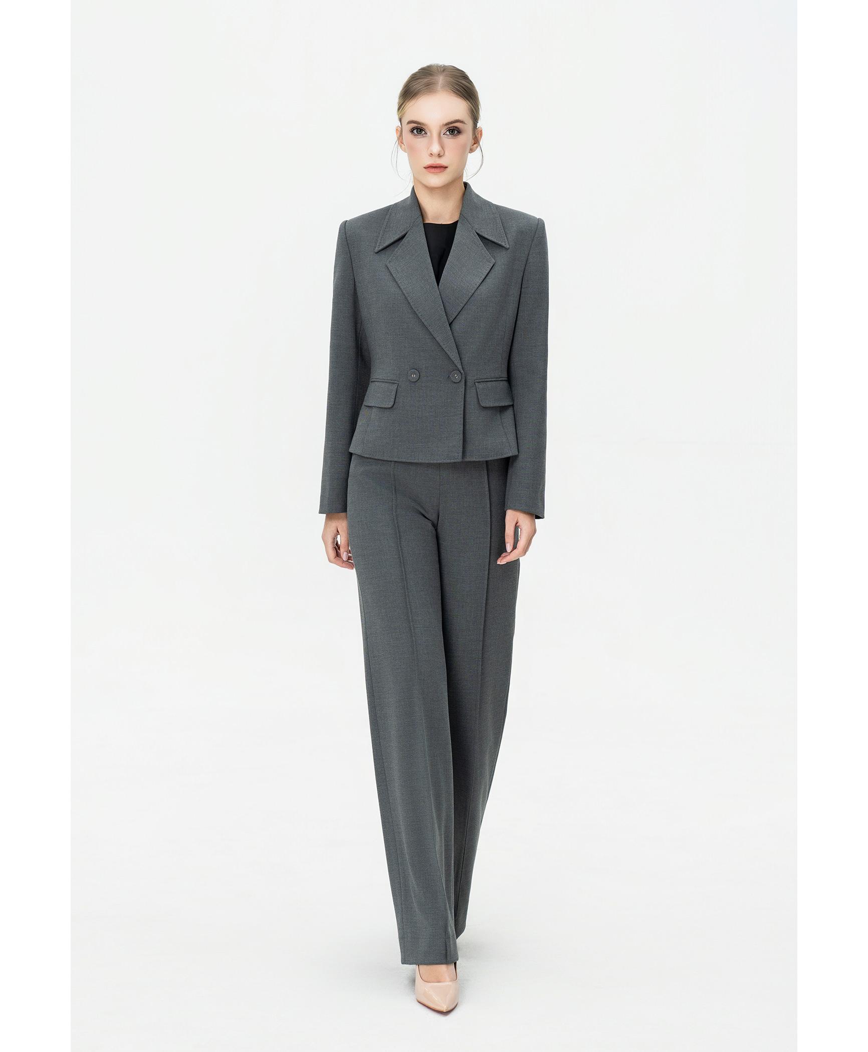 Bộ suit nữ quần ống rộng xám blazer hai hàng khuy