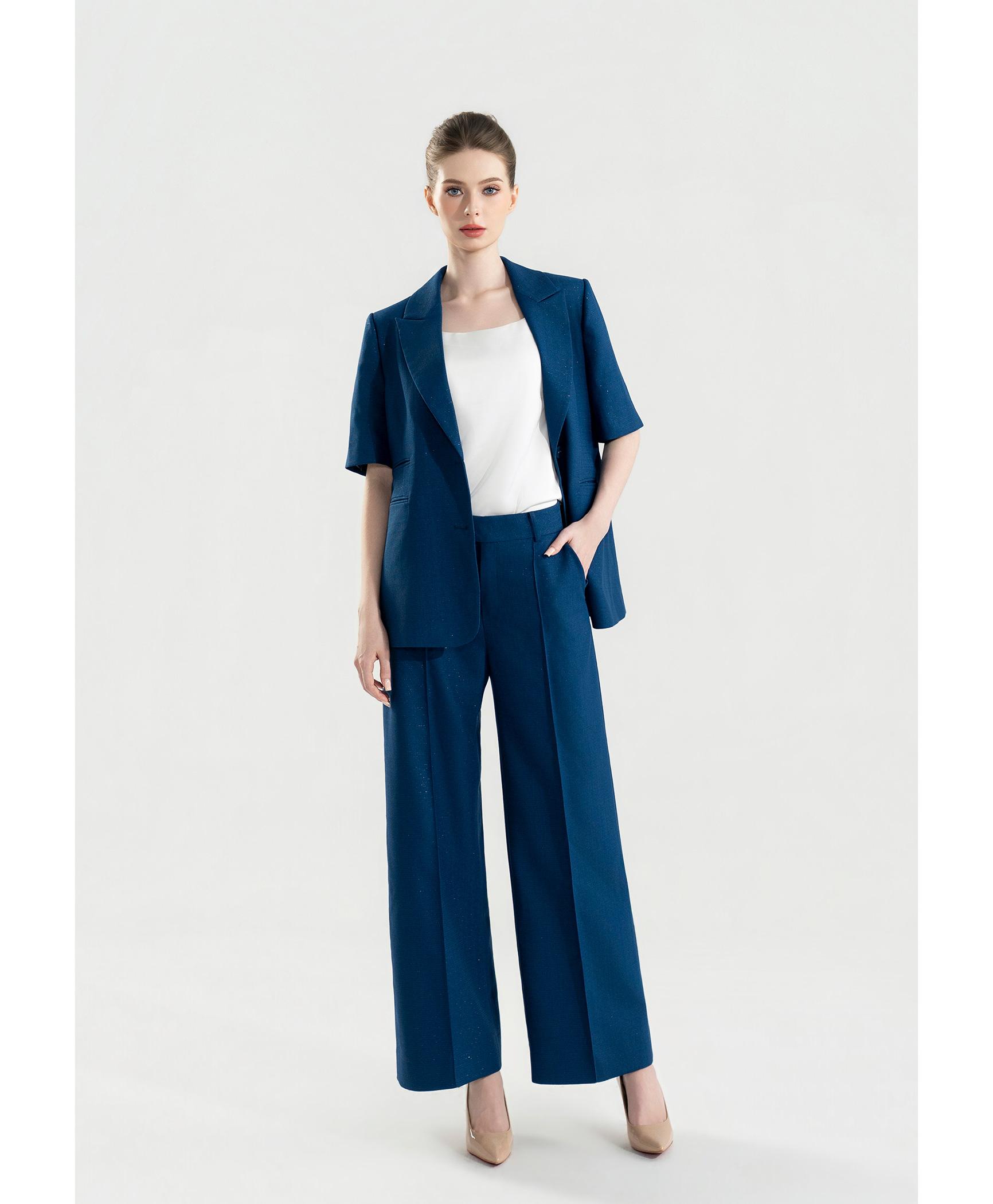Bộ suit nữ quần ống suông xanh teal blazer tay ngắn túi kép