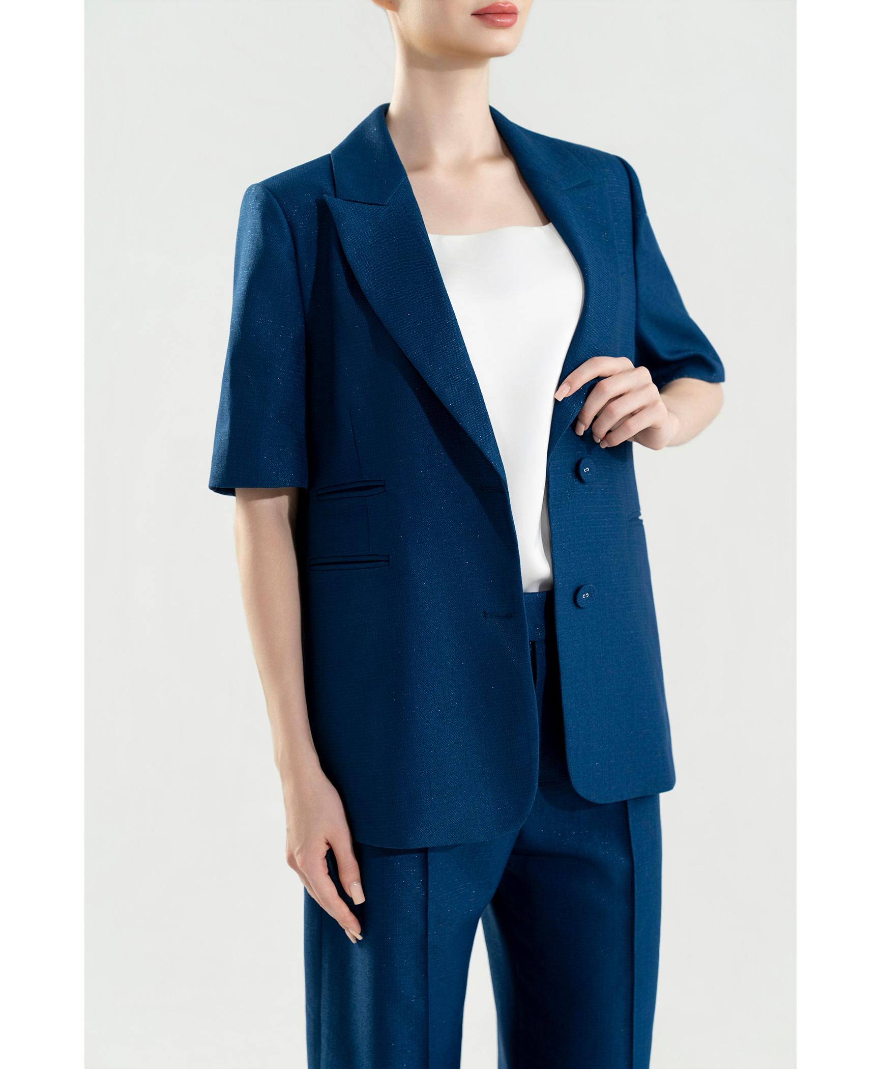 Bộ suit nữ quần ống suông xanh teal blazer tay ngắn túi kép
