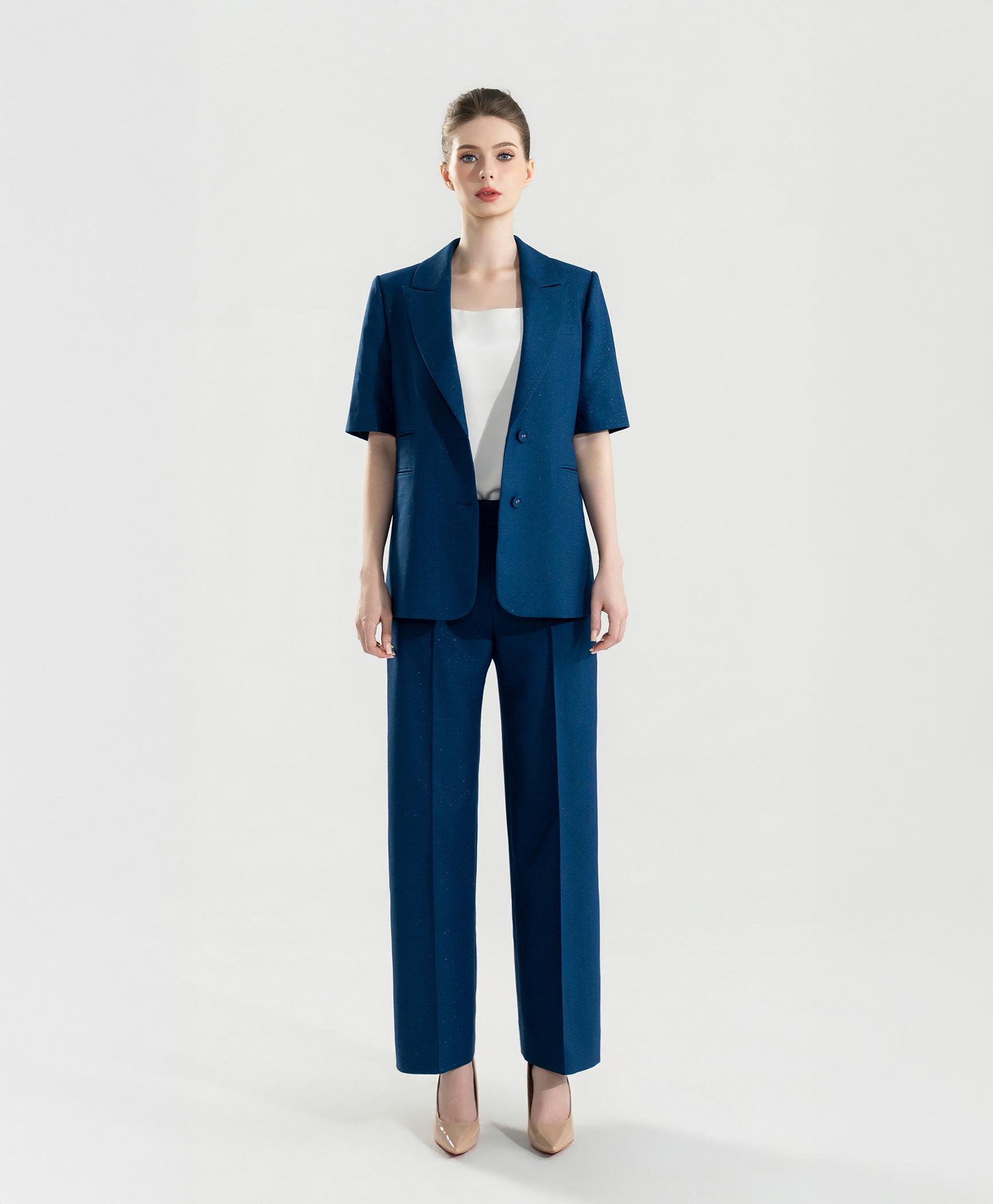 Bộ suit nữ quần ống suông xanh teal blazer tay ngắn túi kép
