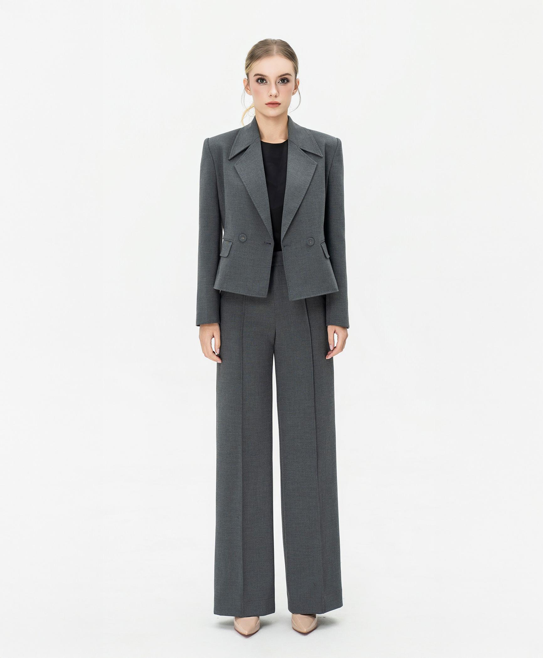 Bộ suit nữ quần ống rộng xám blazer hai hàng khuy