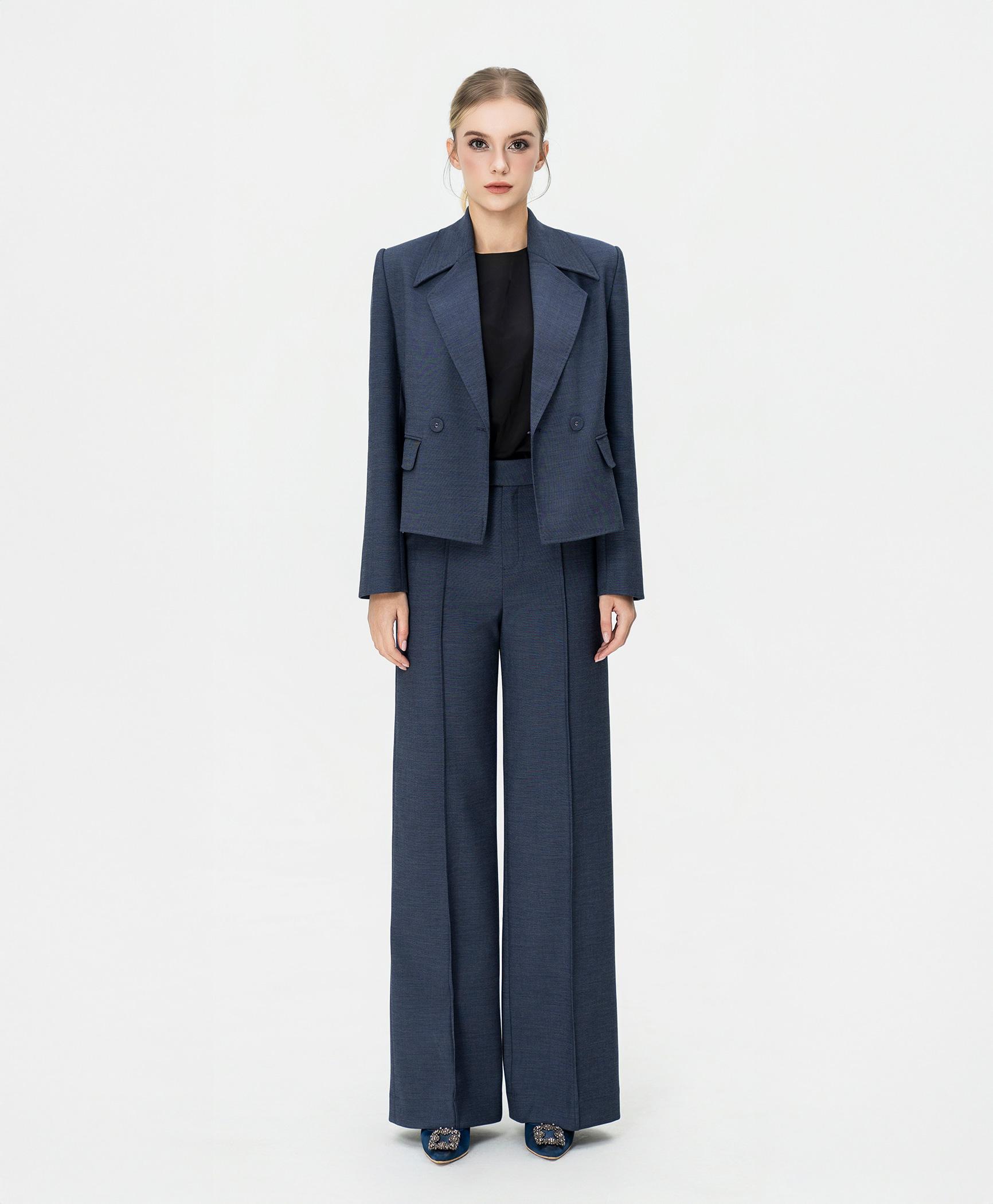 Bộ suit nữ quần ống rộng xanh xám blazer hai hàng khuy
