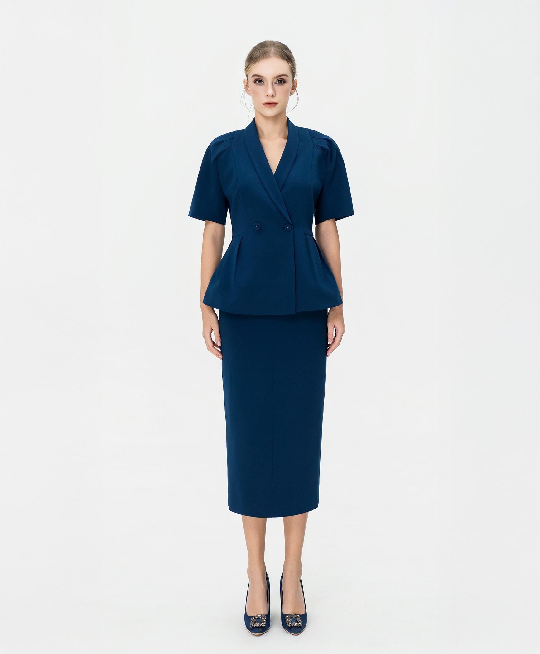 Bộ suit nữ chân váy xanh cobalt tay phồng nhẹ