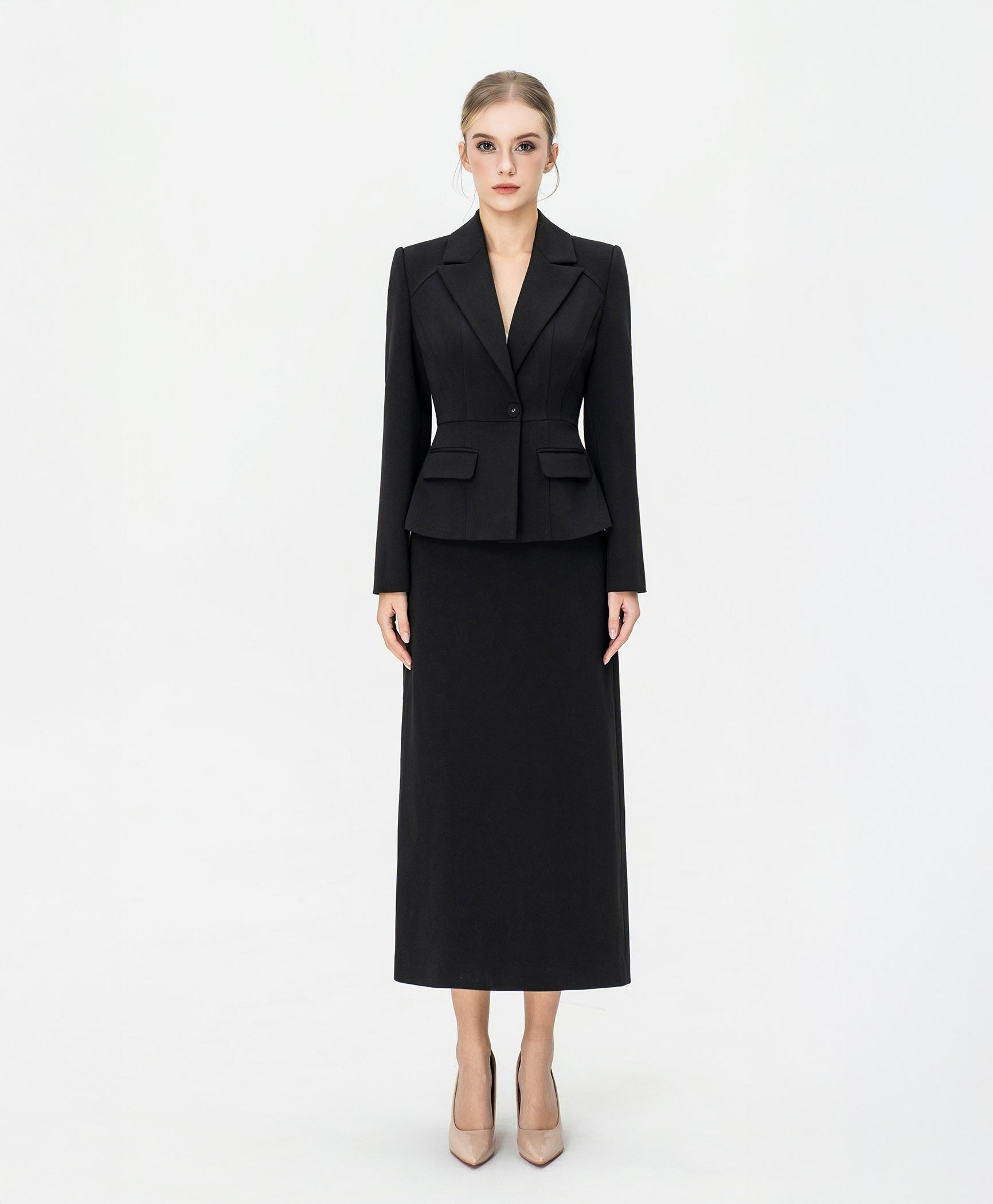 Bộ suit nữ chân váy đen blazer chiết eo