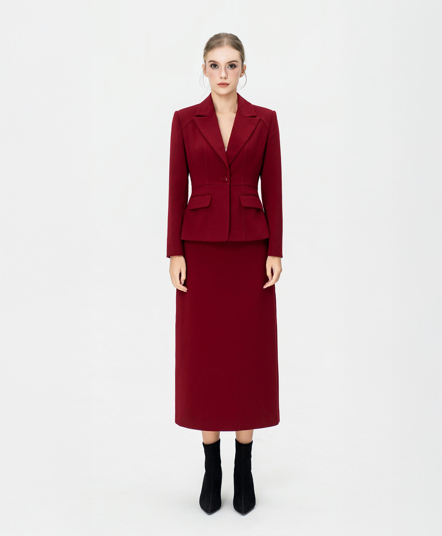 Bộ suit nữ chân váy đỏ blazer chiết eo