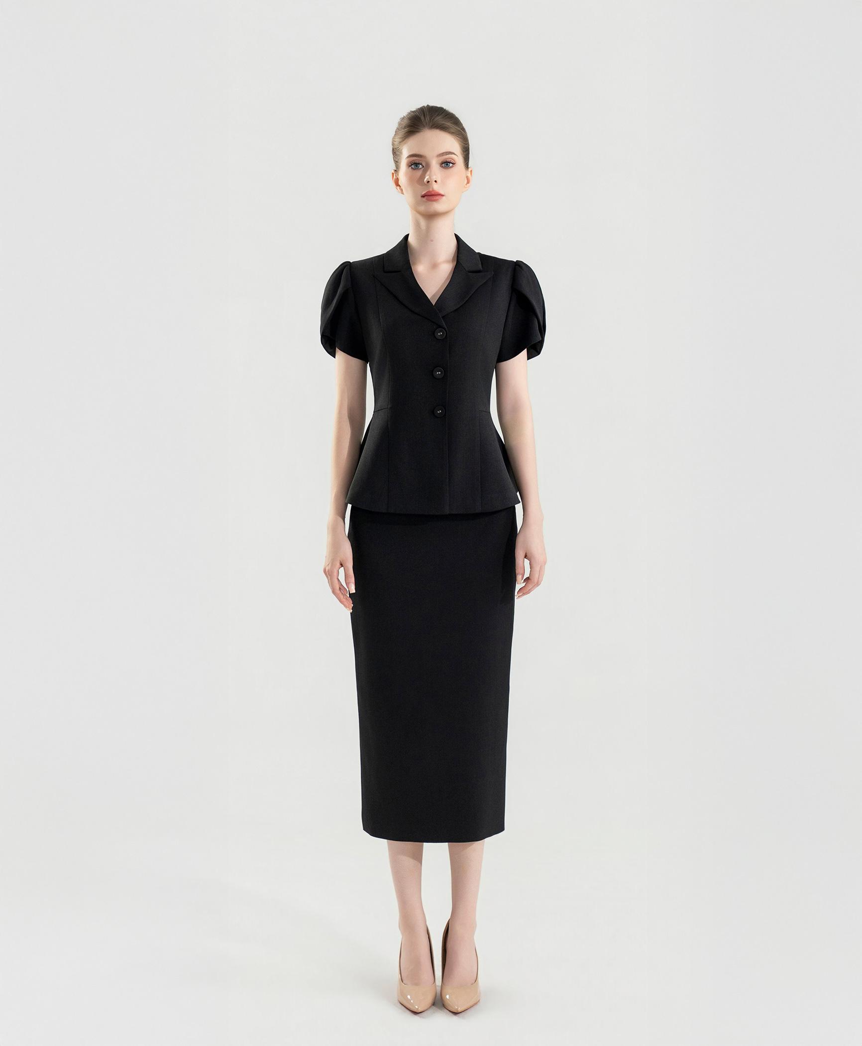 Bộ suit nữ chân váy đen tay phồng