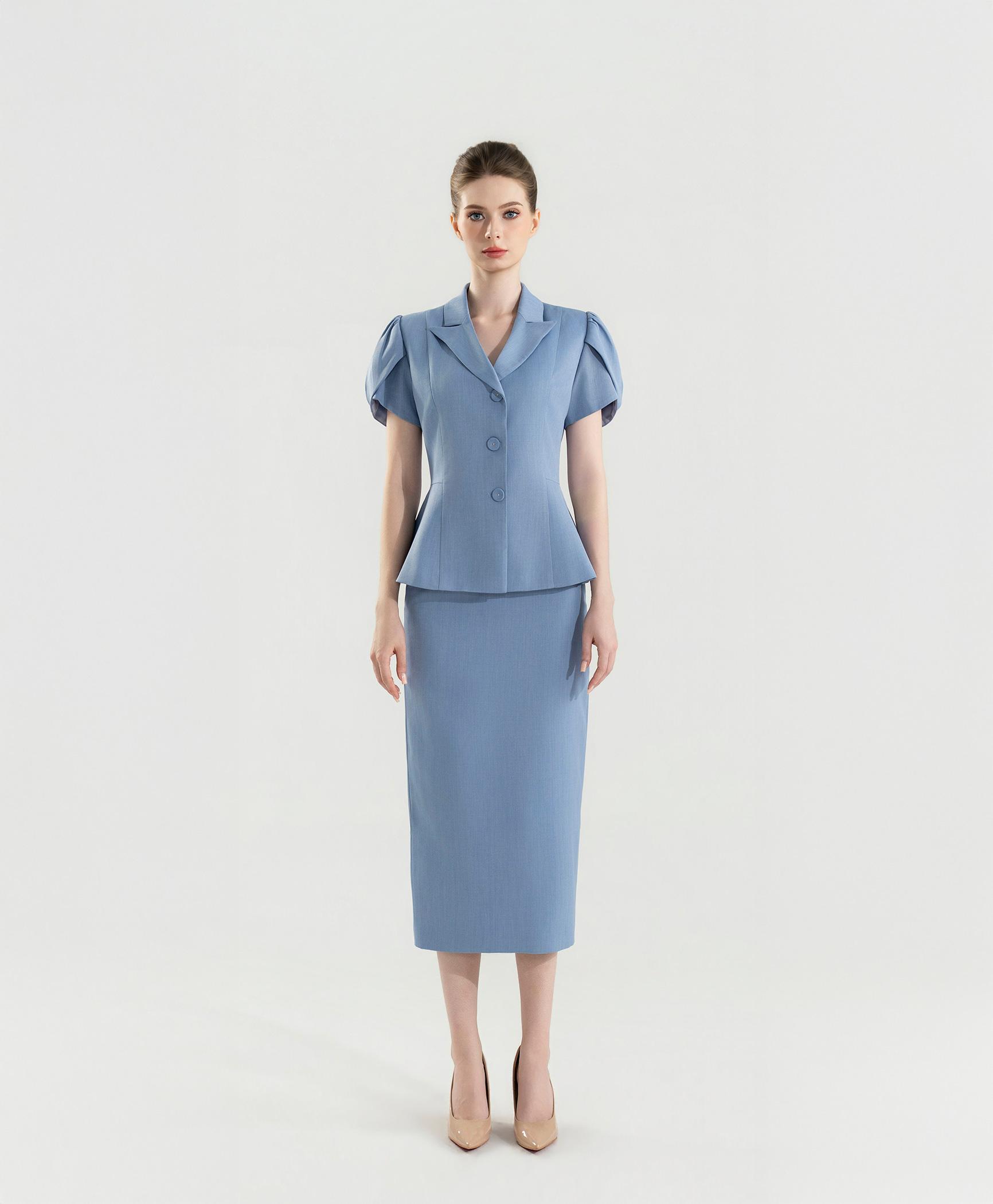 Bộ suit nữ chân váy xanh pastel tay phồng