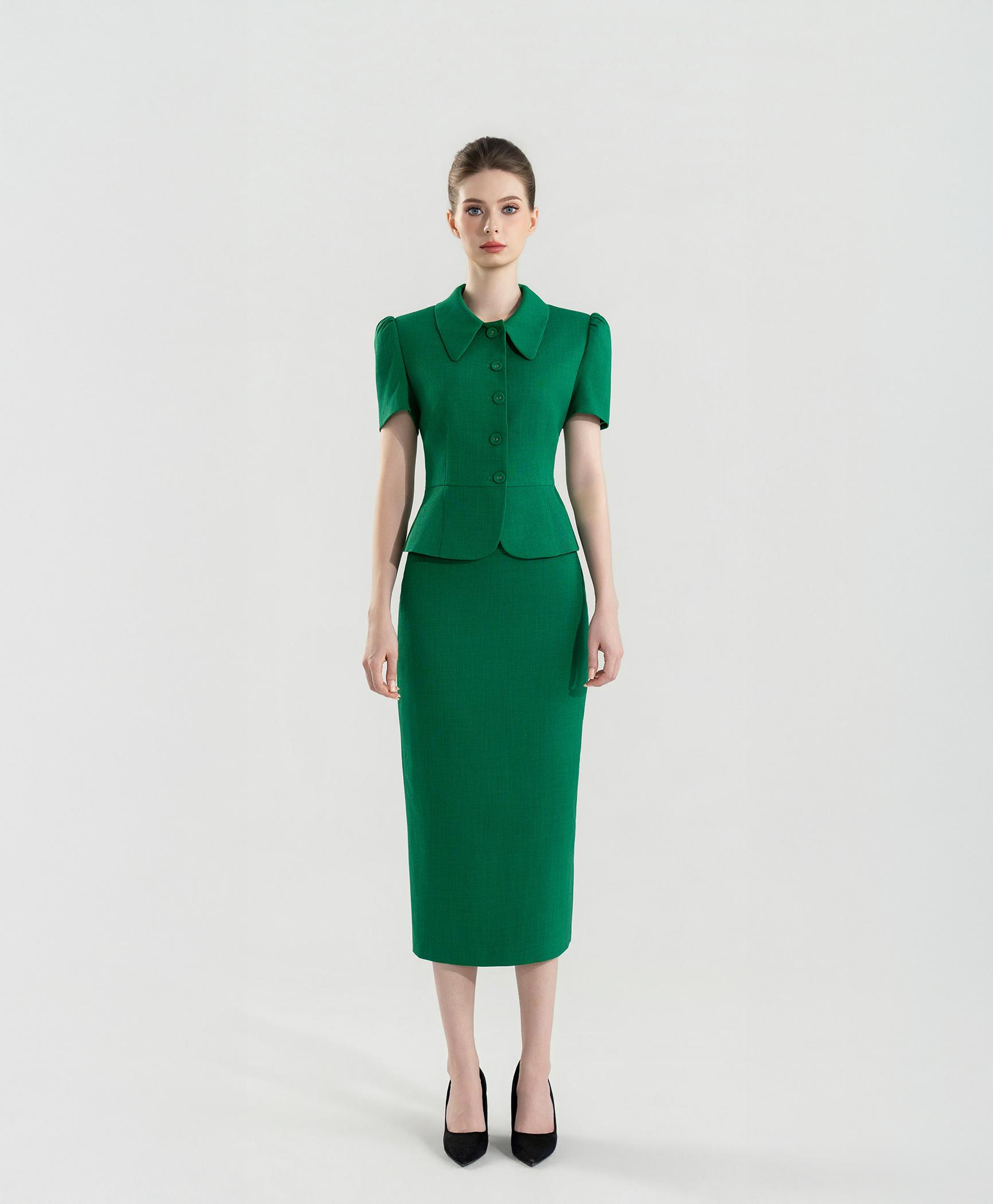Bộ suit nữ chân váy xanh emerald cổ sen