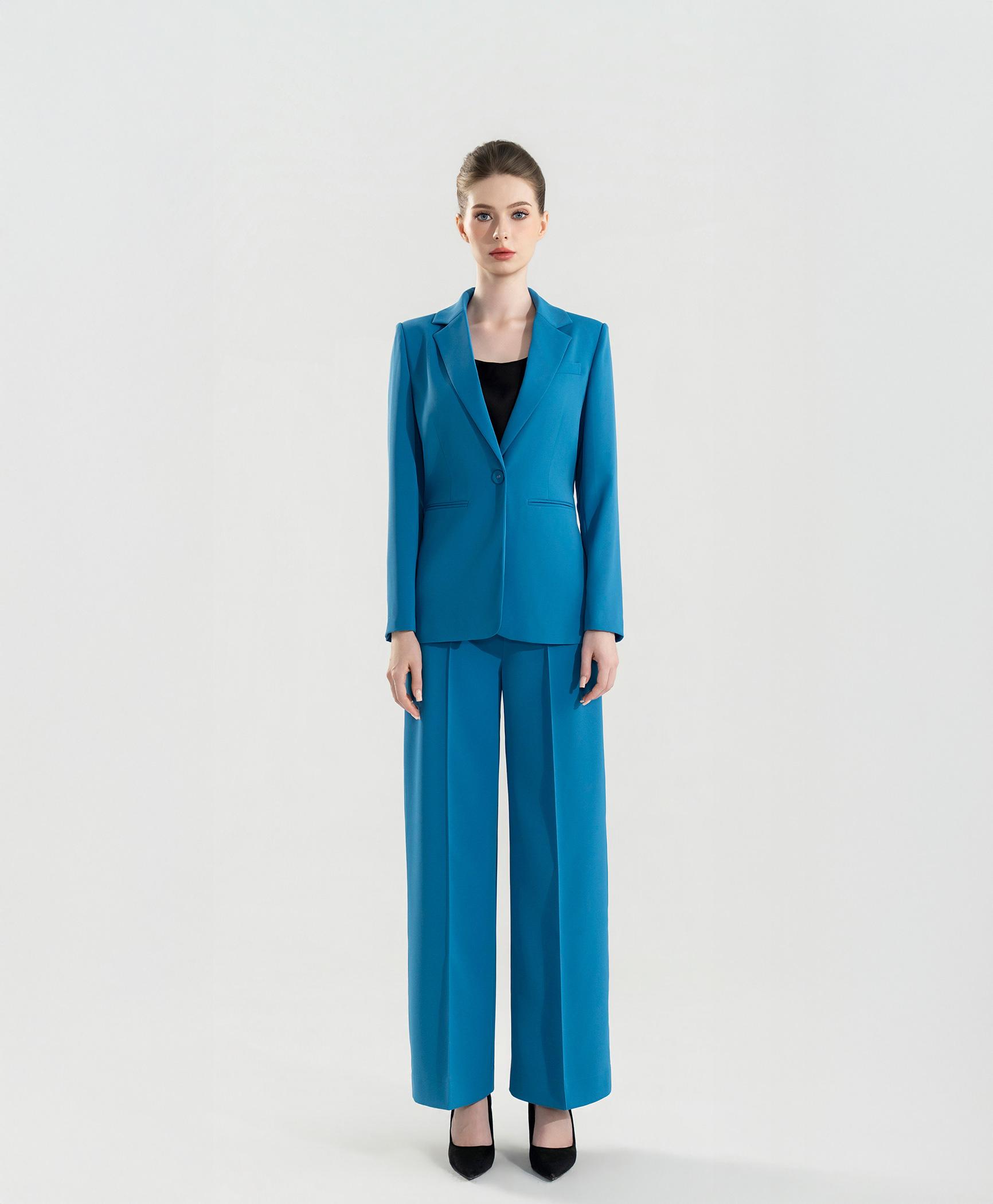 Bộ suit nữ quần ống suông xanh azure blue