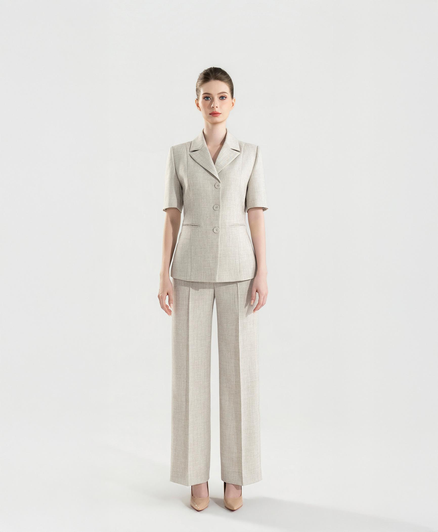 Bộ suit nữ quần ống suông be sáng tay ngắn