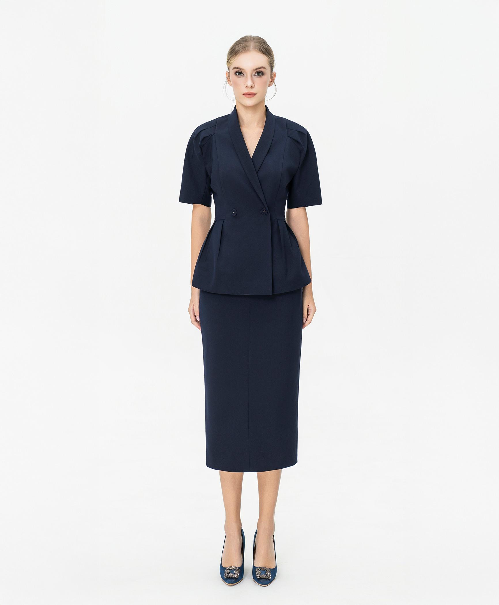 Bộ suit nữ chân váy xanh navy tay phồng nhẹ