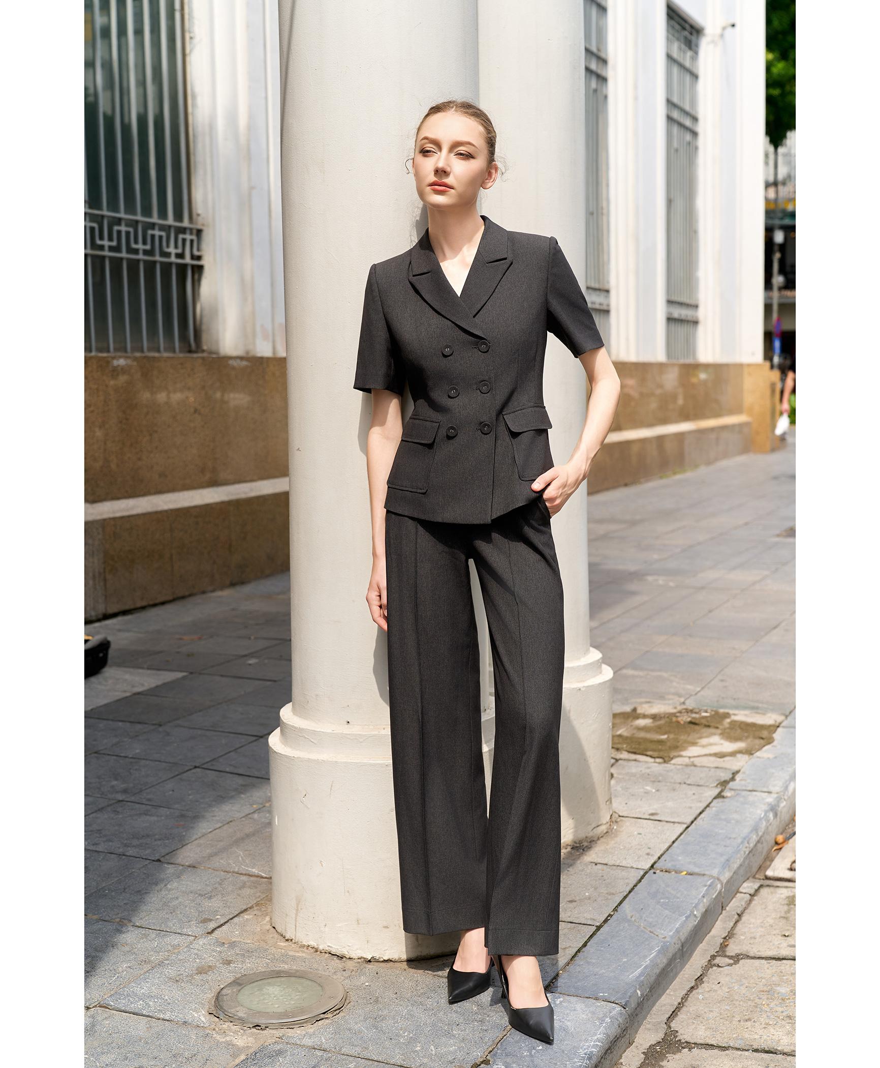 Bộ suit quần nữ tay ngắn xám than