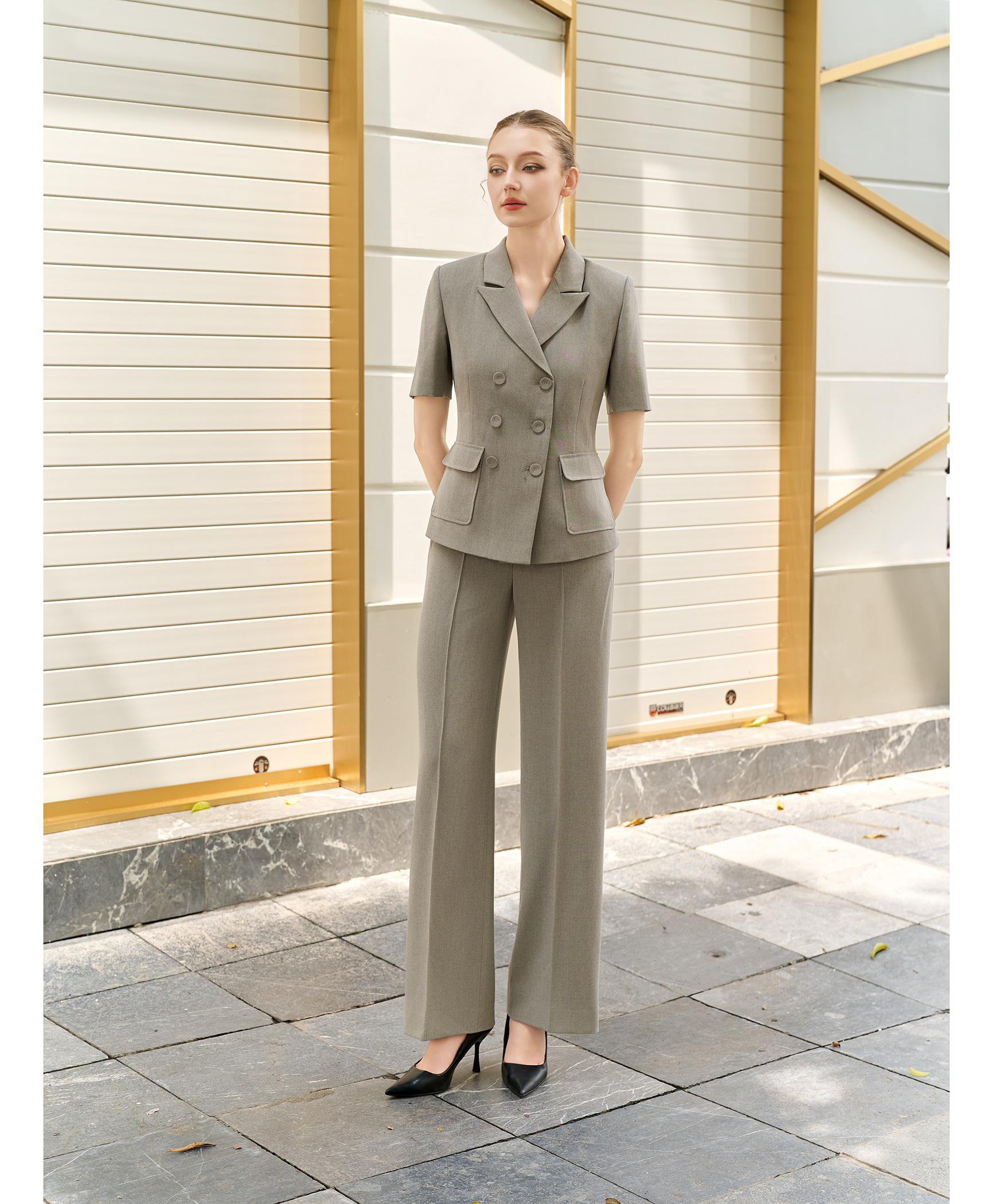 Bộ suit quần nữ tay ngắn xám ghi