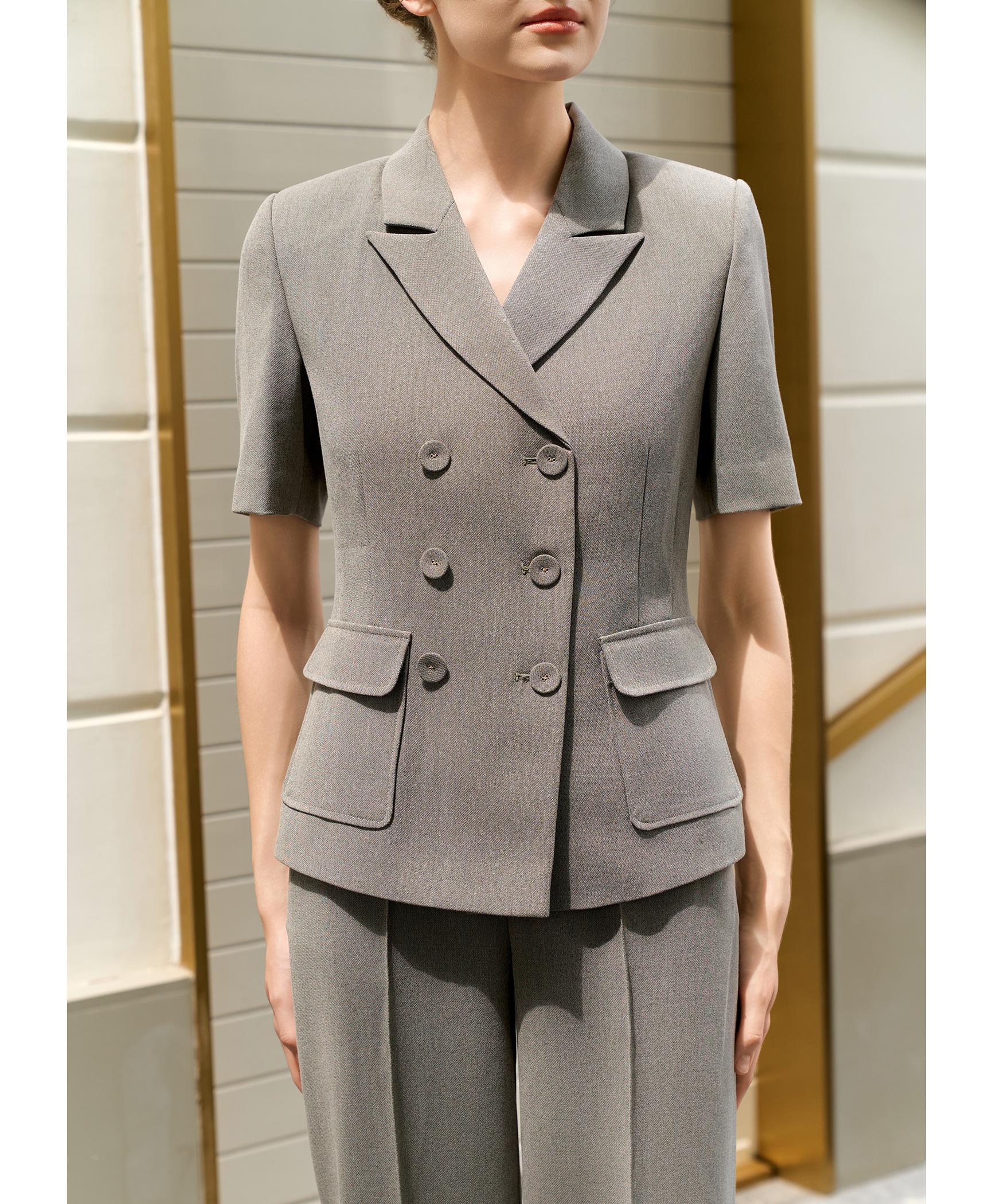 Bộ suit quần nữ tay ngắn xám ghi