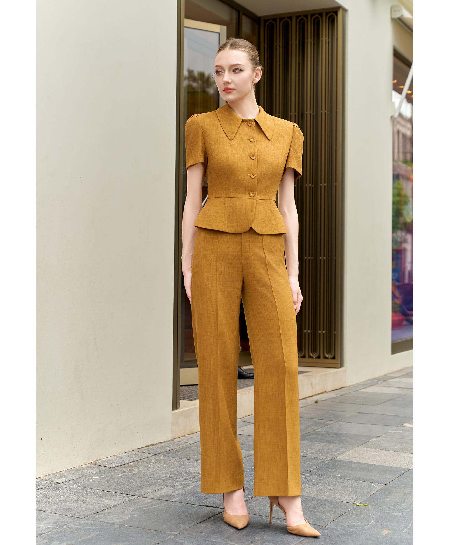 Bộ suit quần nữ cổ sen màu vàng nâu