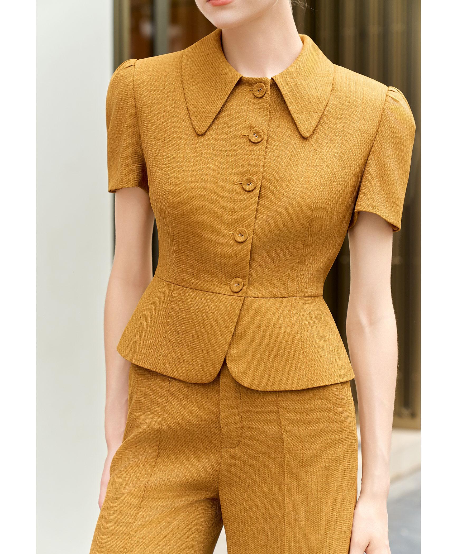 Bộ suit quần nữ cổ sen màu vàng nâu