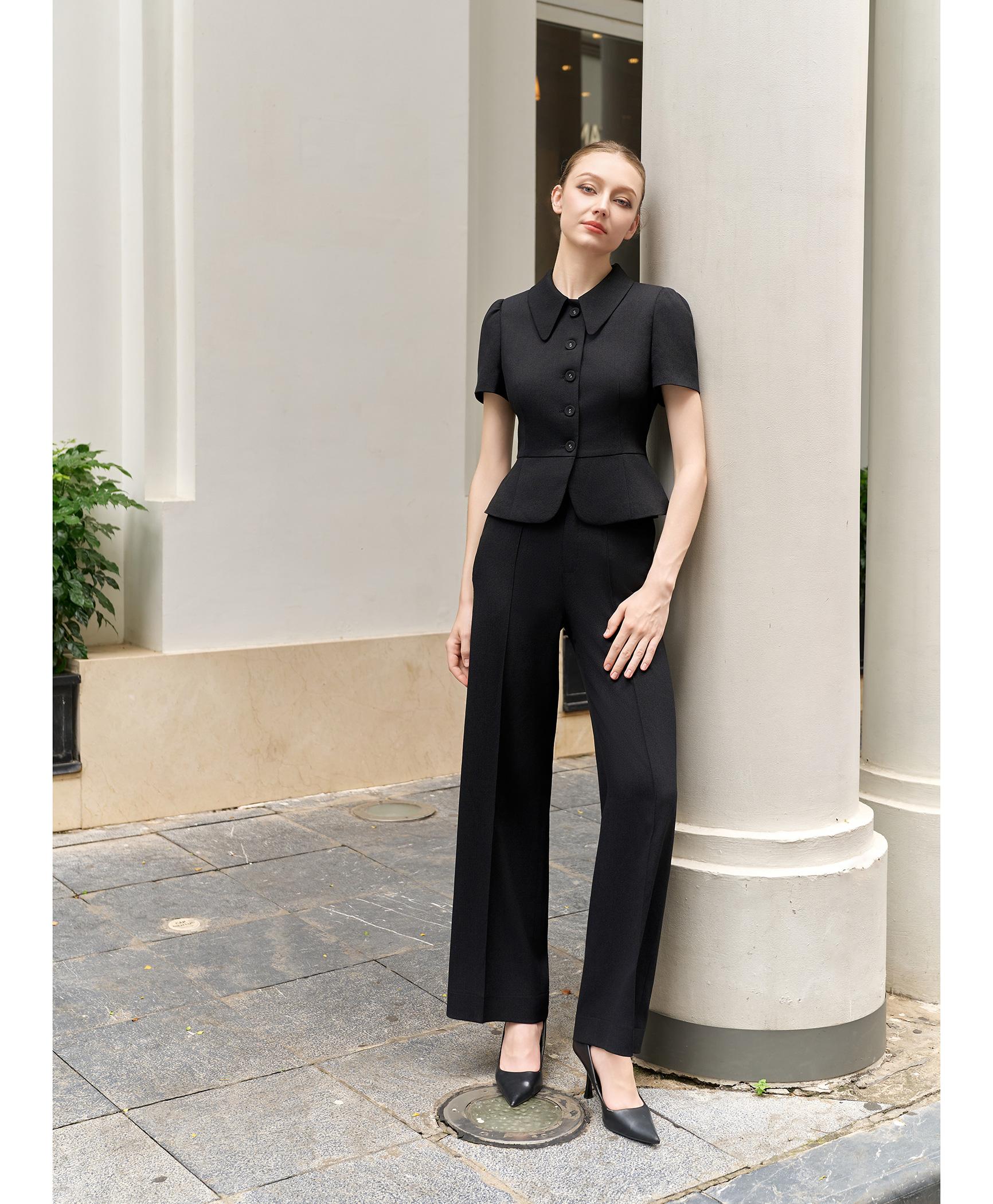 Bộ suit quần nữ cổ sen màu đen