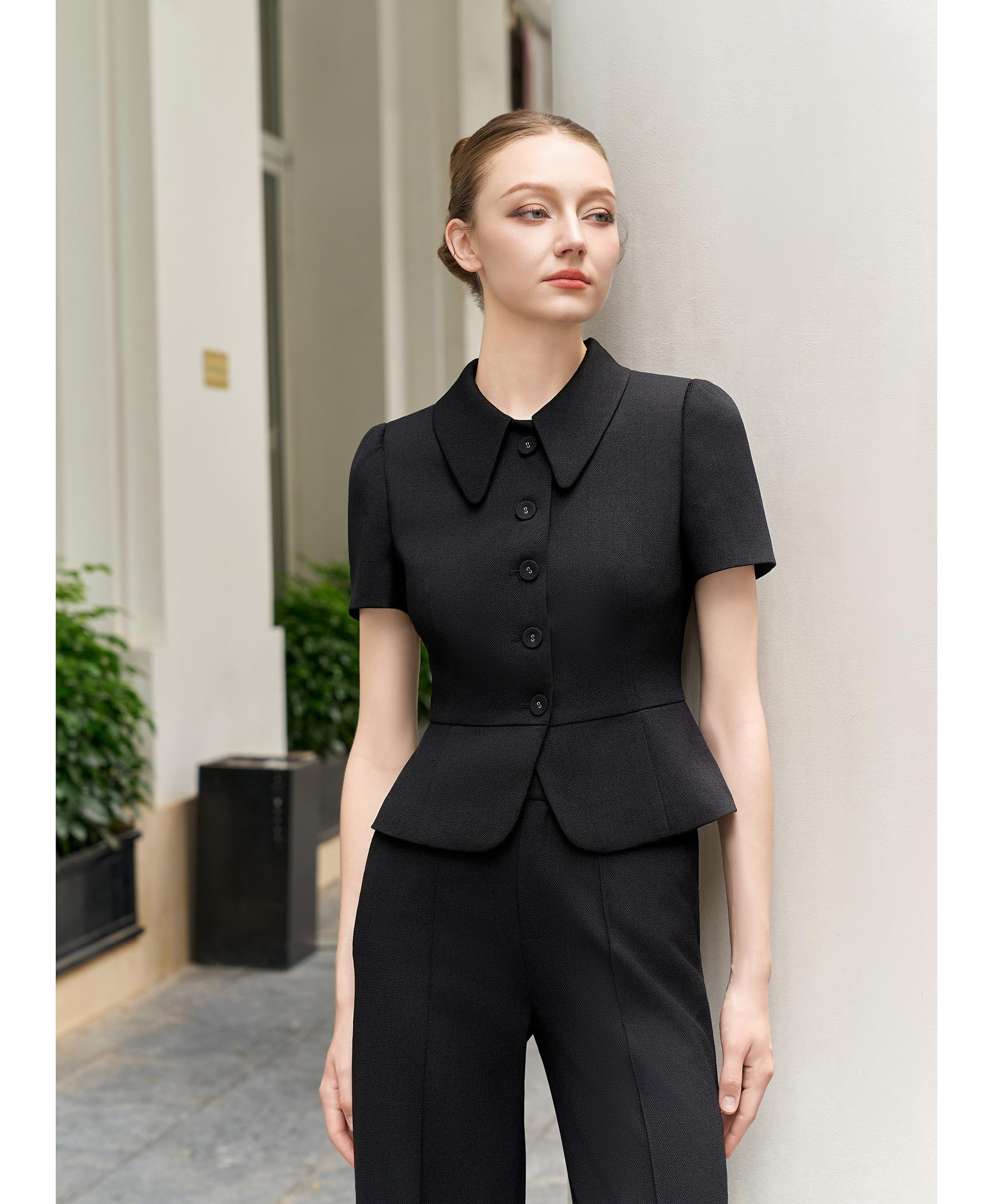 Bộ suit quần nữ cổ sen màu đen
