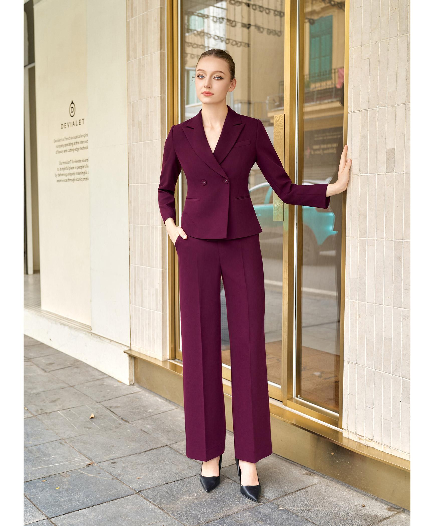 Bộ suit quần nữ hai hàng khuy màu đỏ burgundy