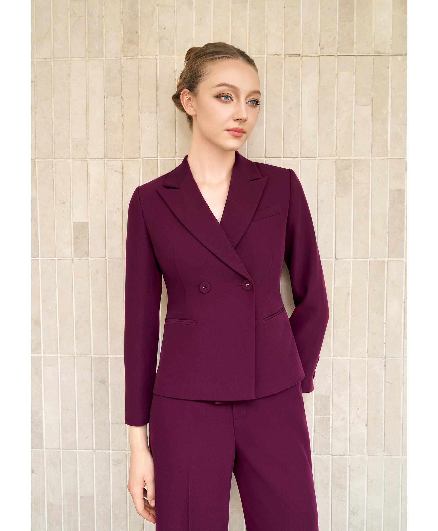 Bộ suit quần nữ hai hàng khuy màu đỏ burgundy