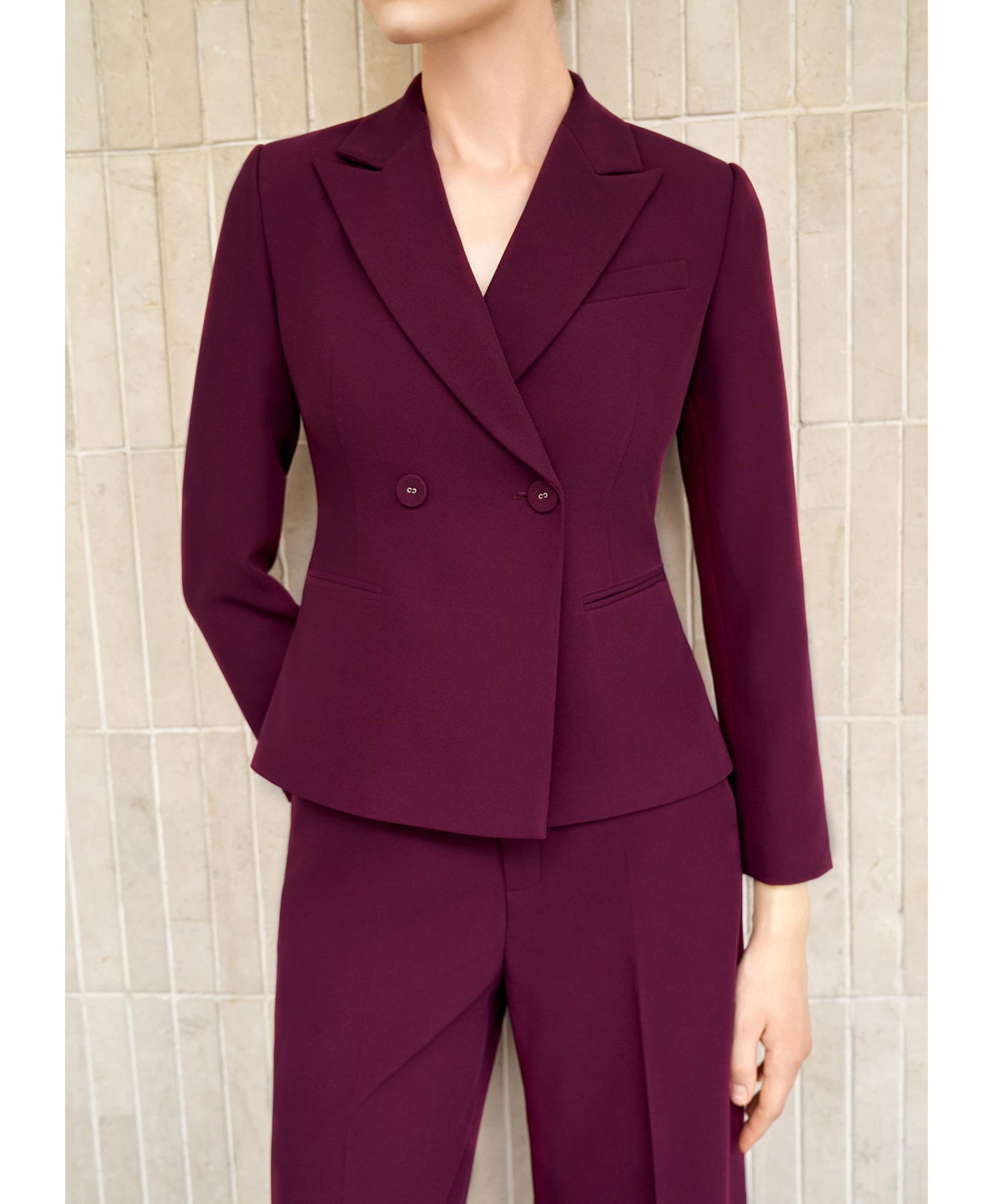 Bộ suit quần nữ hai hàng khuy màu đỏ burgundy