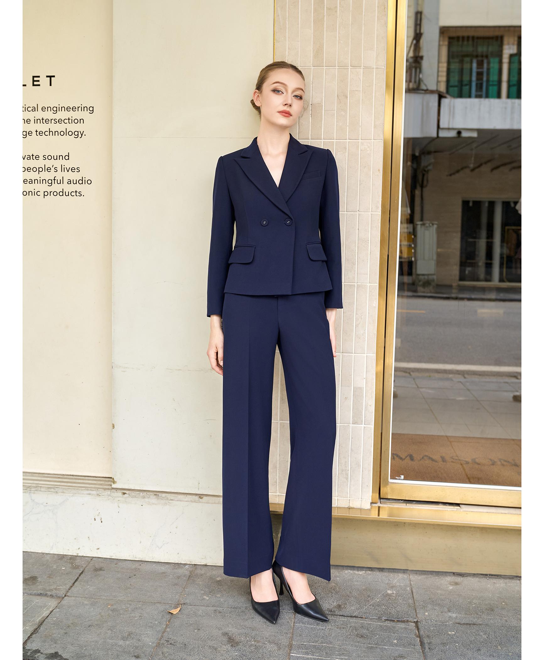 Bộ suit quần nữ hai hàng khuy màu xanh navy