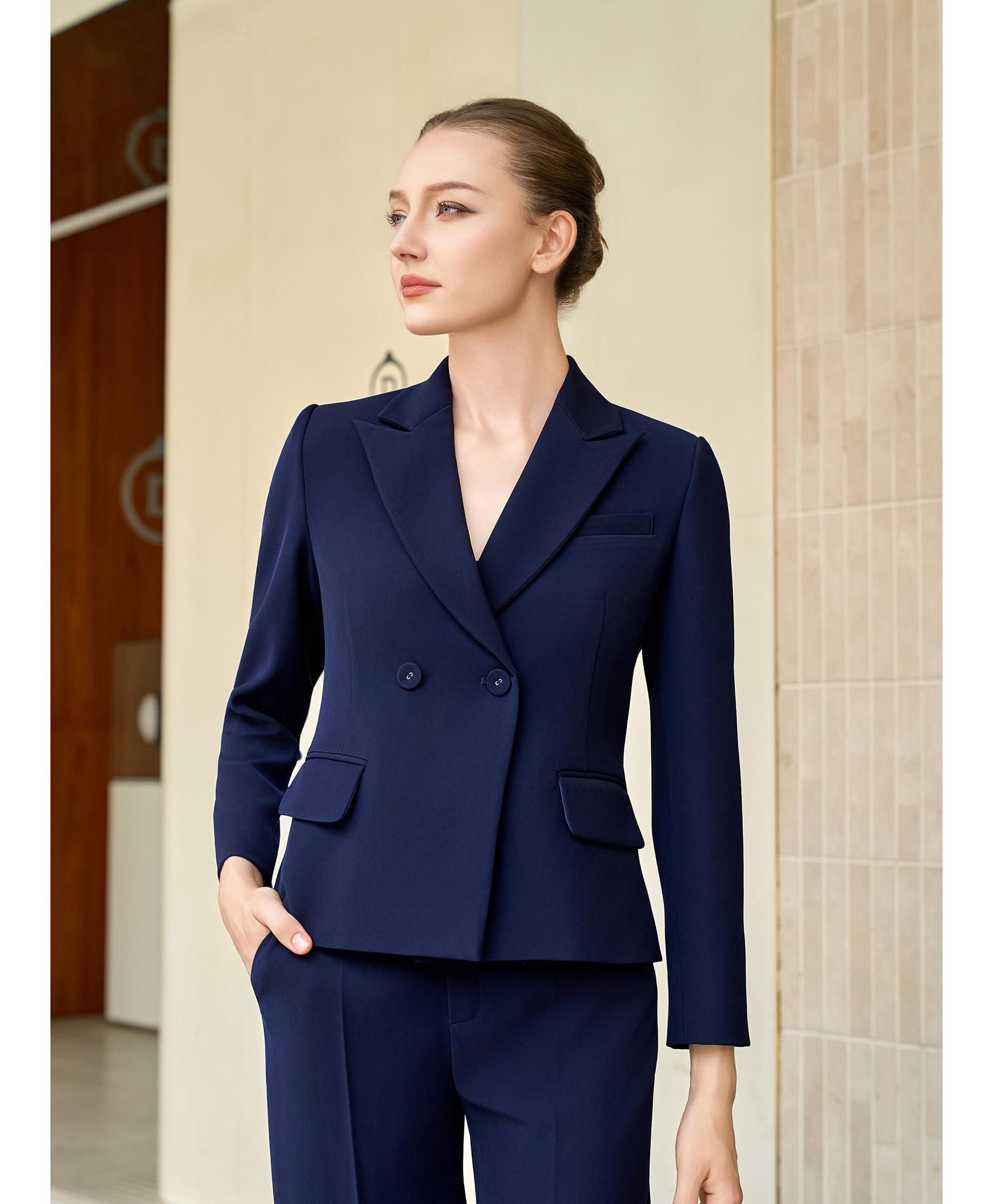 Bộ suit quần nữ hai hàng khuy màu xanh navy