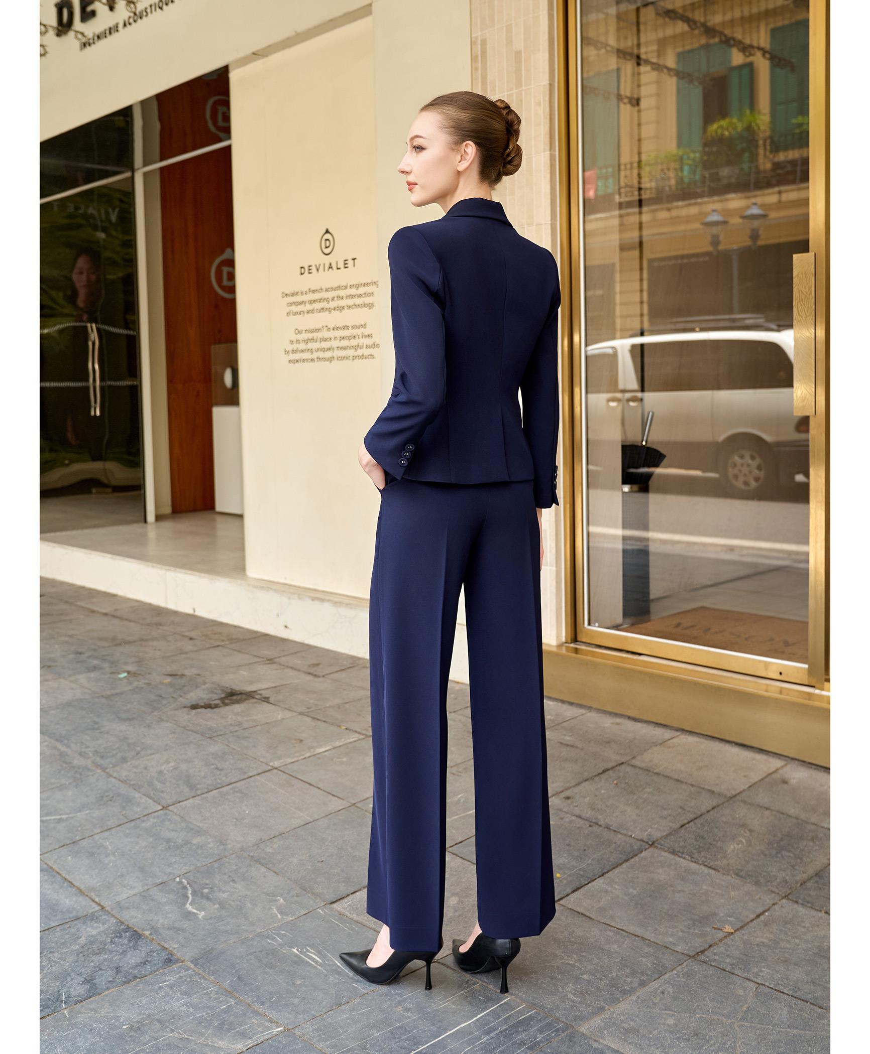 Bộ suit quần nữ hai hàng khuy màu xanh navy