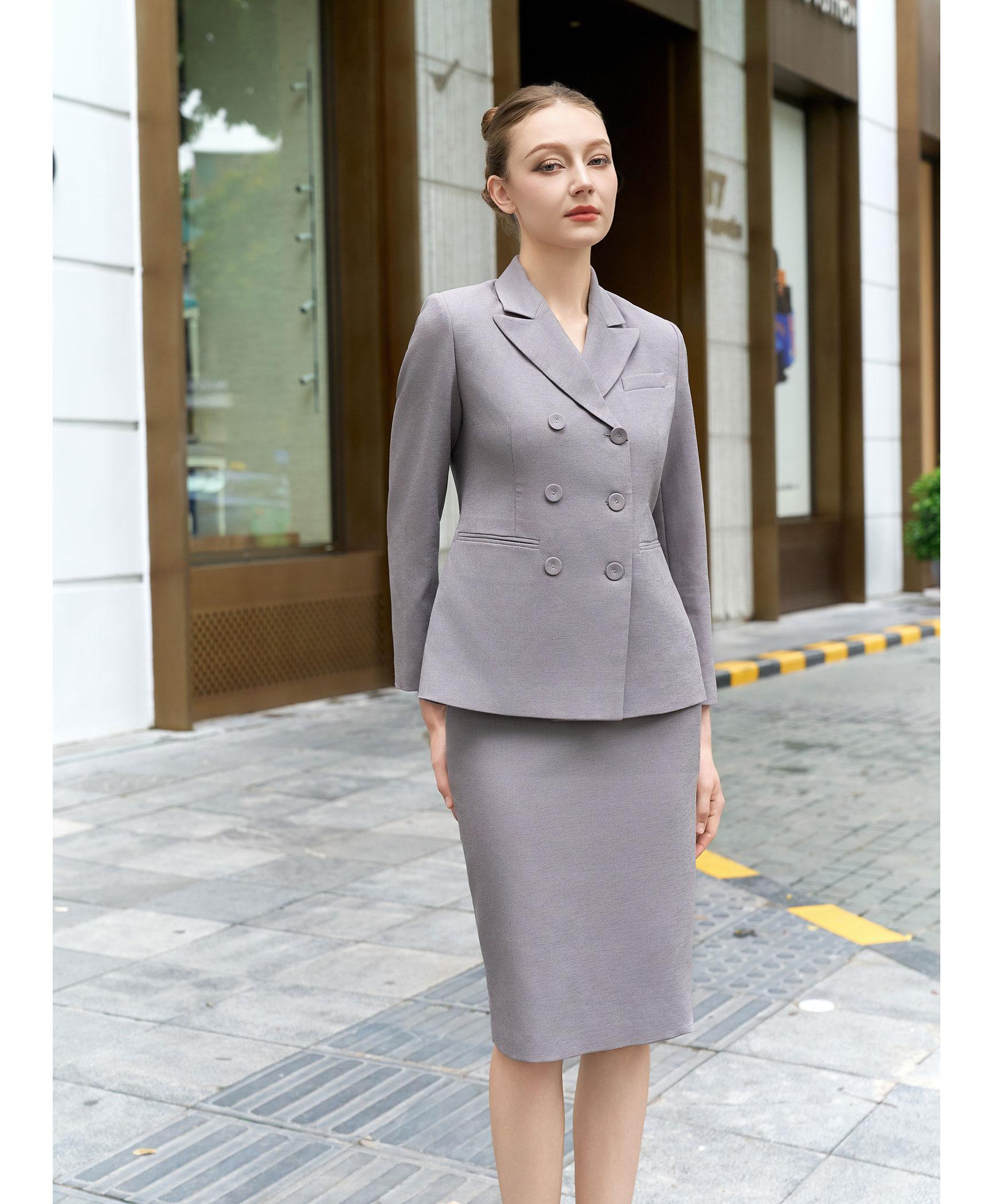 Bộ suit chân váy nữ hai hàng khuy màu xám sáng
