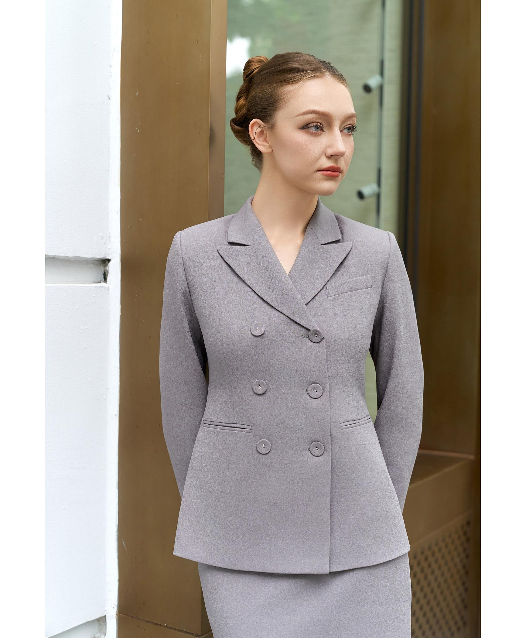 Bộ suit chân váy nữ hai hàng khuy màu xám sáng