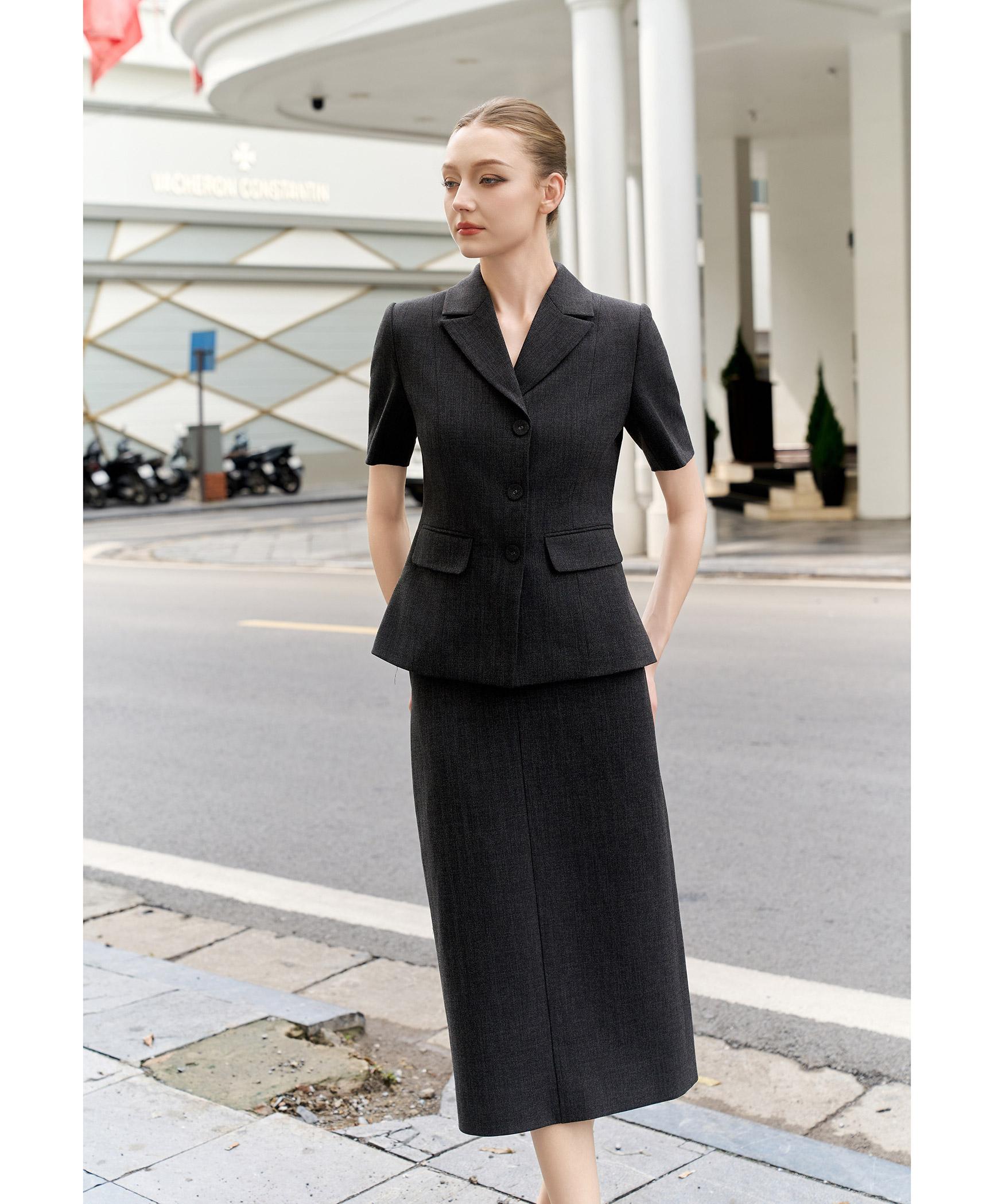Bộ suit chân váy nữ tay ngắn màu xám than