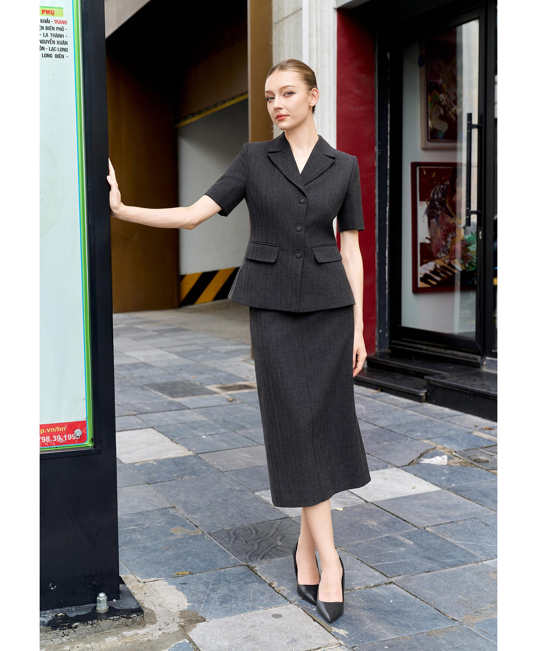 Bộ suit chân váy nữ tay ngắn màu xám than
