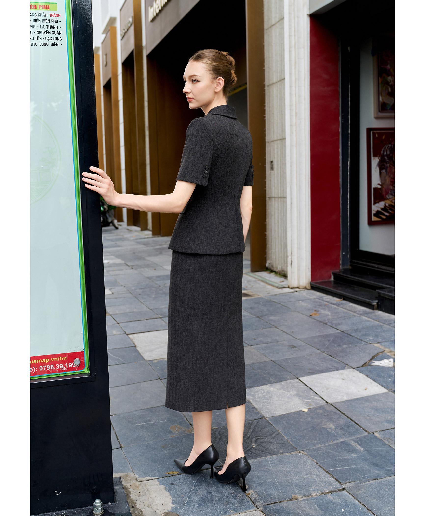 Bộ suit chân váy nữ tay ngắn màu xám than