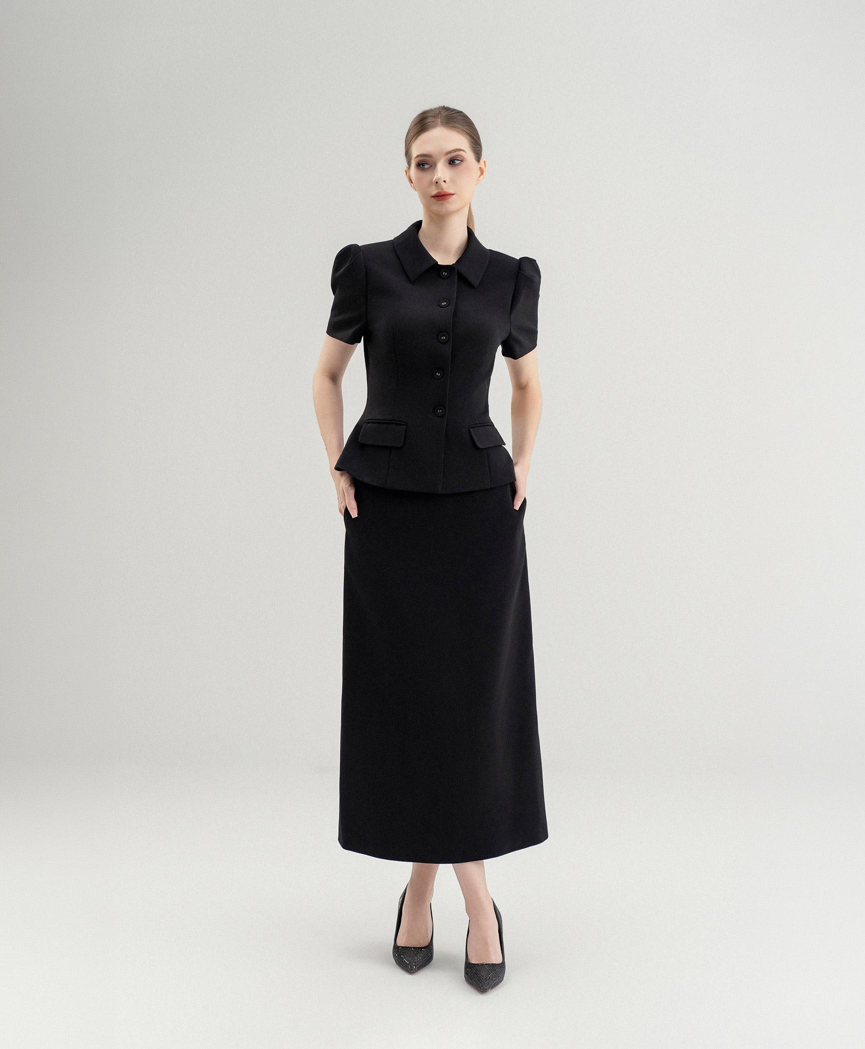 Bộ suit nữ chân váy đen cổ đức tay phồng