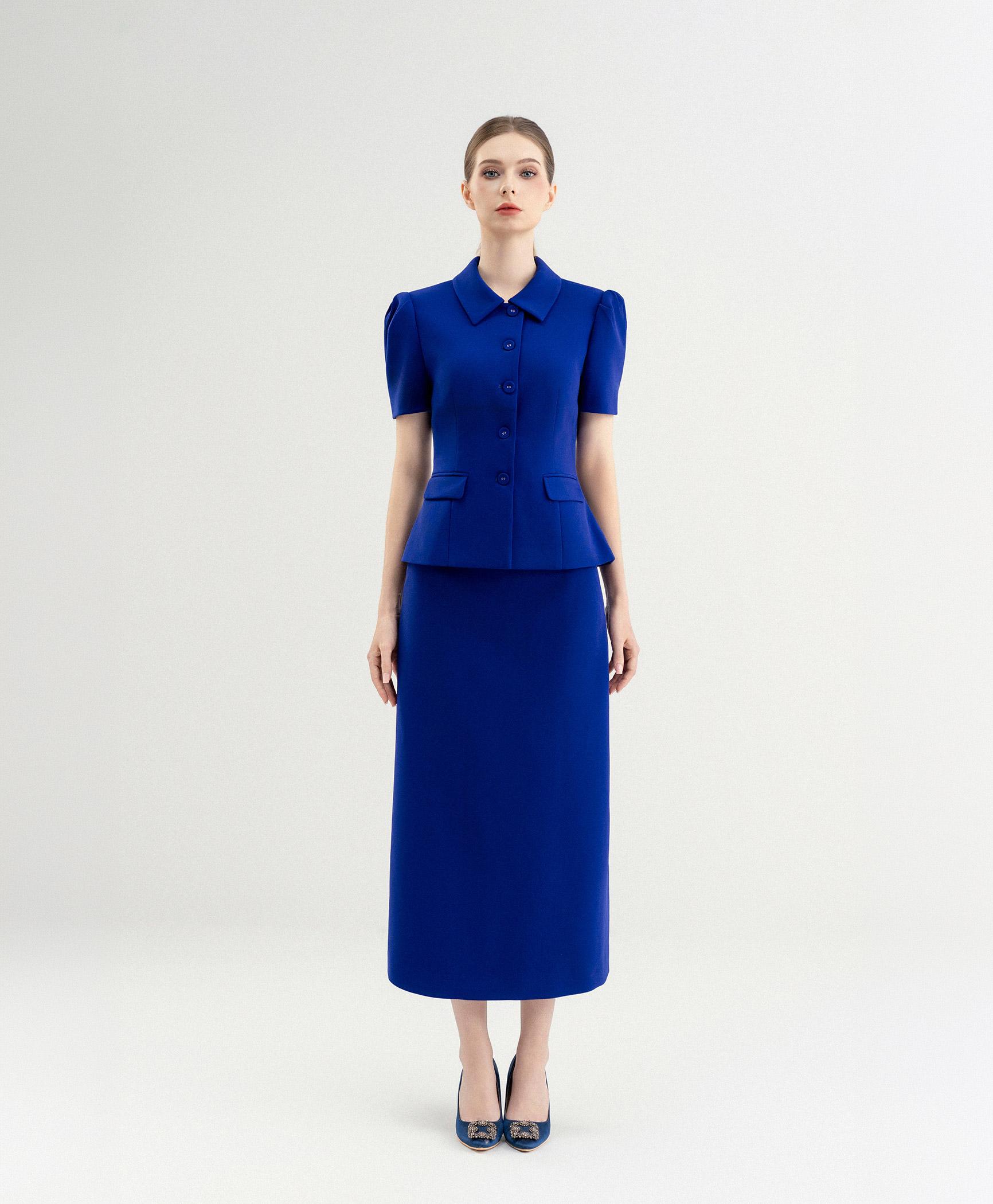 Bộ suit nữ chân váy xanh cobalt cổ đức tay phồng